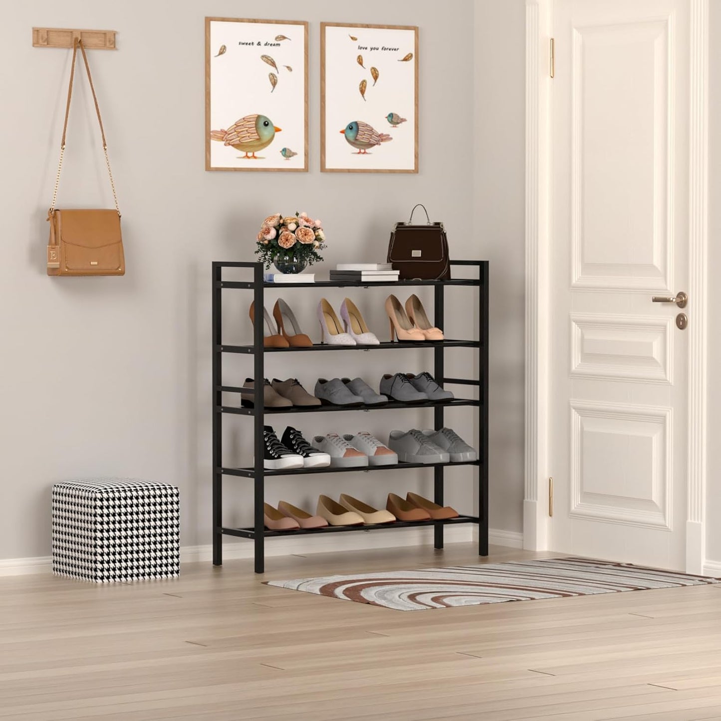 Haddockway Bamboo Shoe Rack for Closet, Free Standing Shoe Organizer with Smooth Round Rods & Convenient Handles, Stackable Shoe Storage Shelf for Entryway, Hallway(Black, 5-Tier)