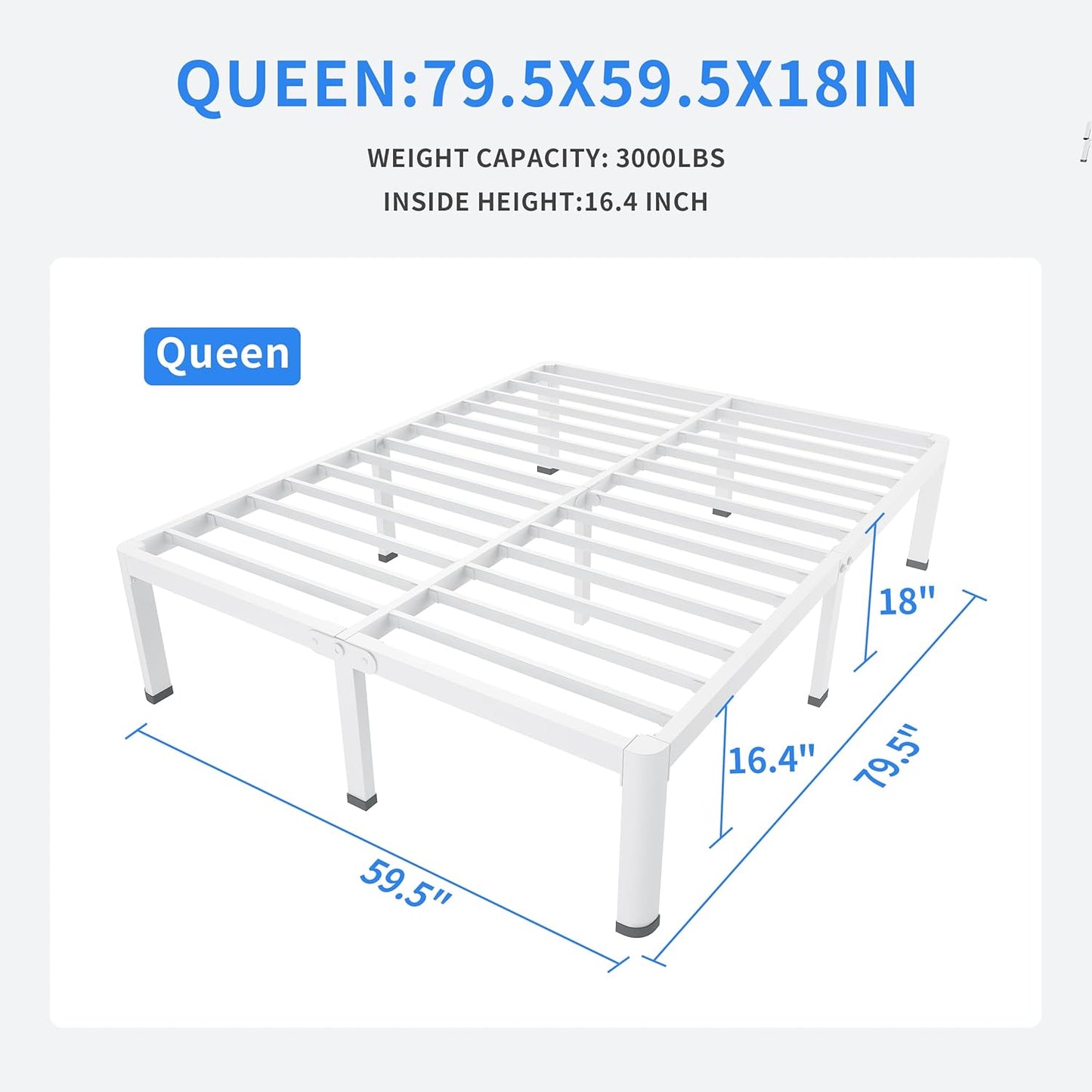 MAF 18 Inch Queen Size Bed Frame White with Round Corner Legs Mattress Slide Stopper No Box Spring Needed Heavy Duty Metal Platform Bed Frames Under-Bed Storage Space, 3000 LBS Steel Slats Support