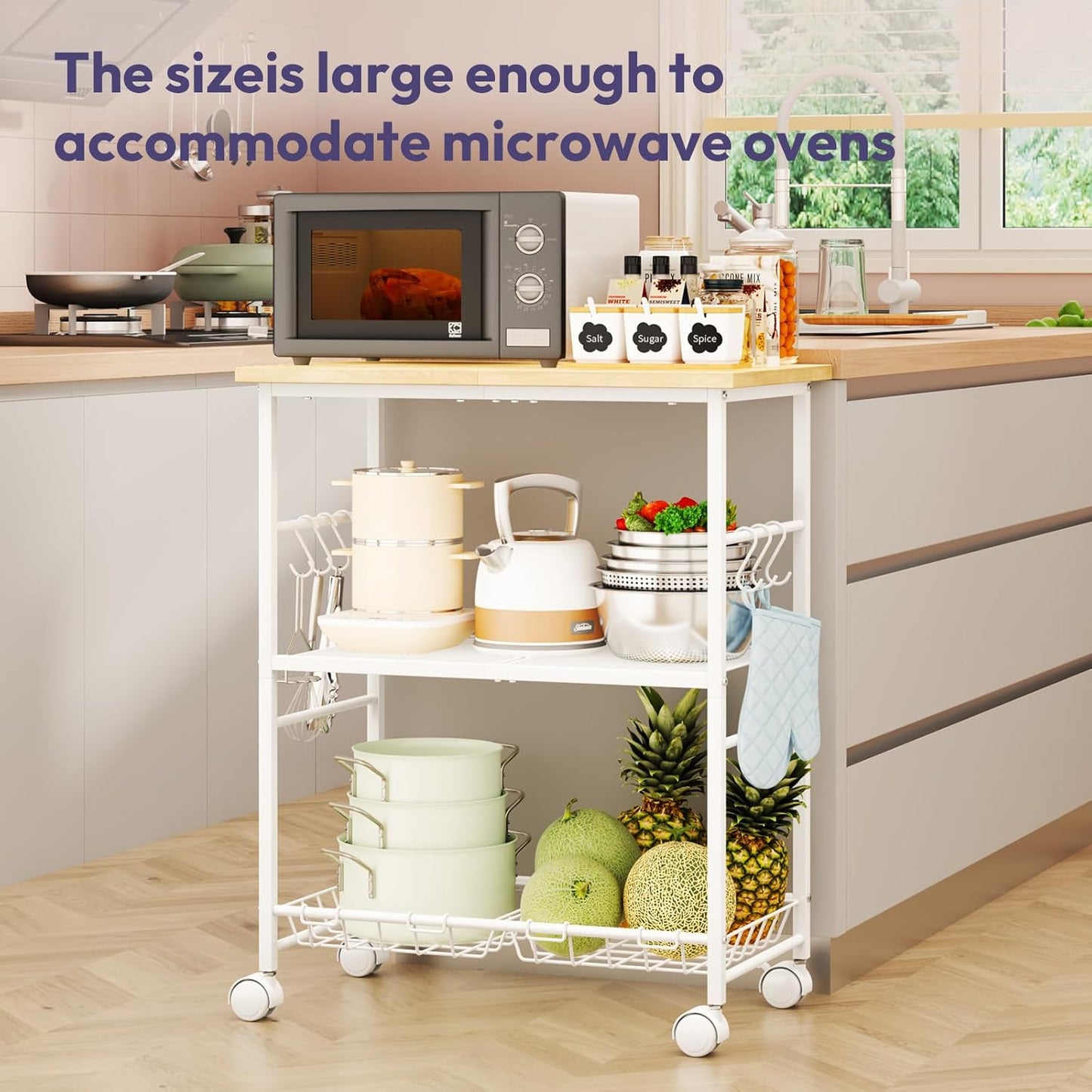 SWTYMIKI Rolling Kitchen Microwave Cart - 3 Tier Microwave Table Stand with Storage Basket and Hooks, Kitchen Utility Cart on Wheels, Coffee Cart Shelf Rack Organizer for Living Room Office, Balcony