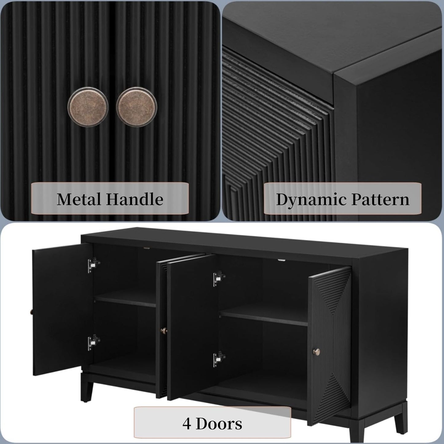 Merax 60" Sideboard Buffet Storage Cabinet with 4 Doors and Adjustable Shelves, Modern Wooden Accent Fluted Credenza Console Table for Kitchen, Study, Dining, Living Room, Coffee Bar, Entryway, Black