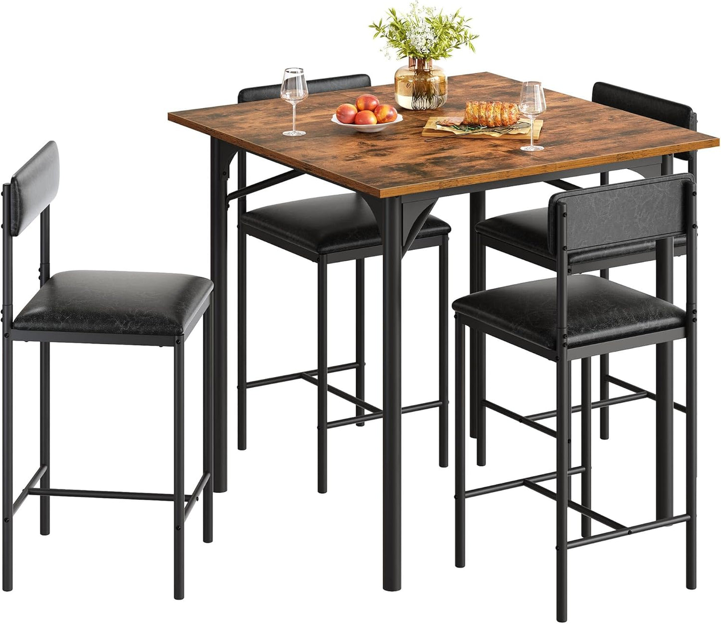 DWVO 5-Piece Dining Room Table Set Bar Table and Chairs Set Counter Height Dining Table Set Industrial High Top Kitchen Table with 4 Barstools for Kitchen Living Room Restaurant Bar Small Spaces Brown