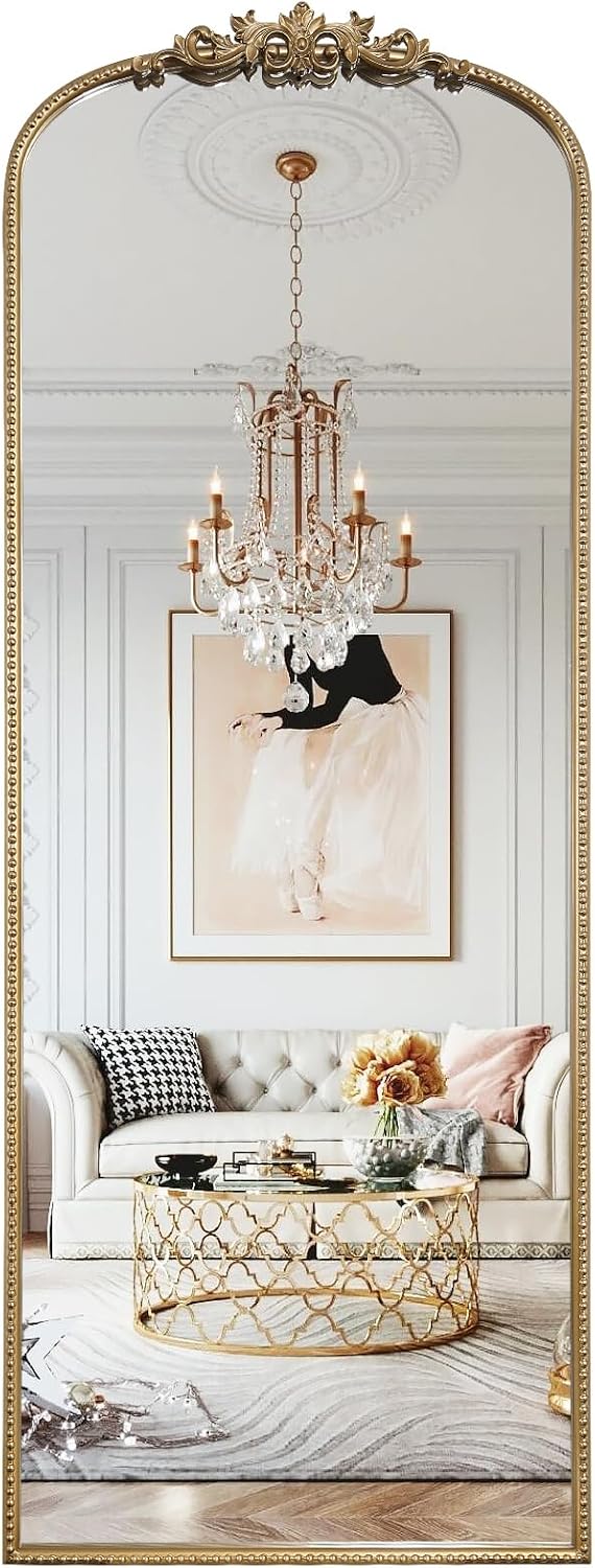 WallBeyond Arched Full Length Mirror Wall Mounted, 21x56 Inch Gold Antique Mirror, Vintage Metal Frame Full Body Mirro for Bedroom, Living Room, Hanging or Leaning