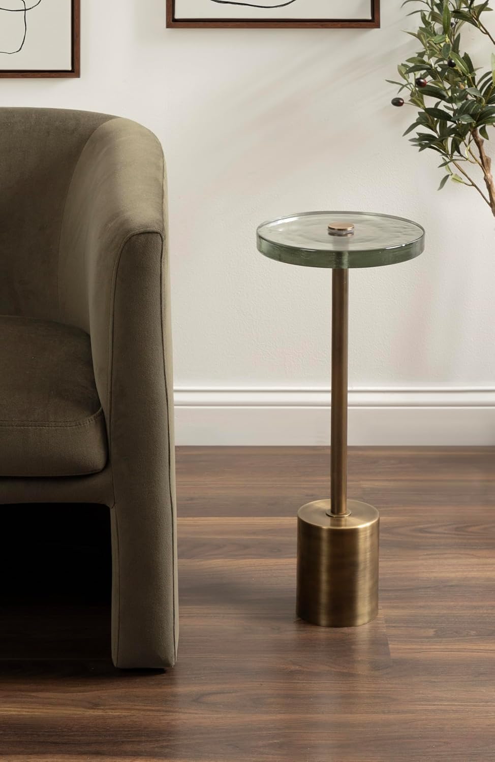 Kate and Laurel Xyler Modern Round Metal and Glass Drink Table, 10 x 10 x 24, Clear Glass and Antique Brass, Transitional Plant Pedestal Table for Use as Indoor Plant Stand or Small Bathtub Table