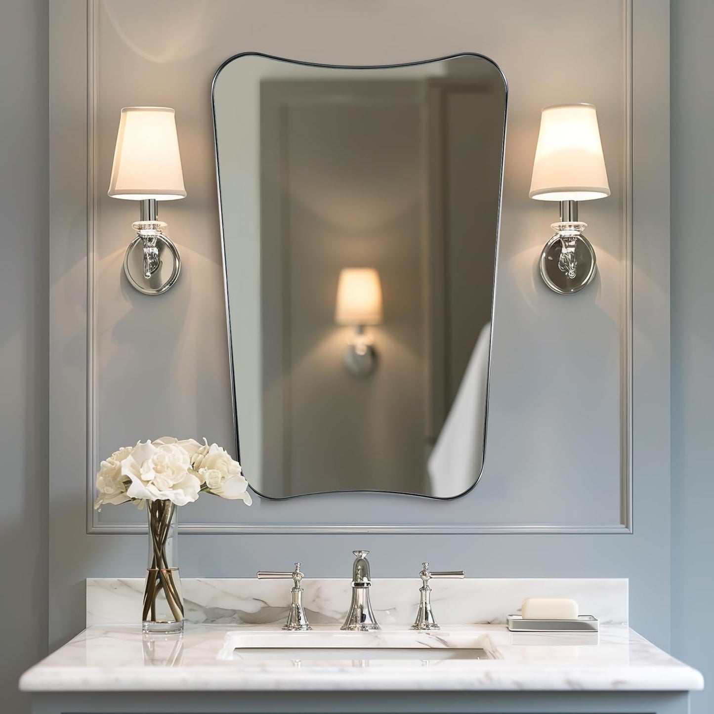 ANDY STAR Brushed Nickel Mirror, 24x36 Inch Scalloped Mirror, Unique Bathroom Mirror with Rust-Proof Stainless Steel Metal Frame, Ideal for Entryway, Powder Room