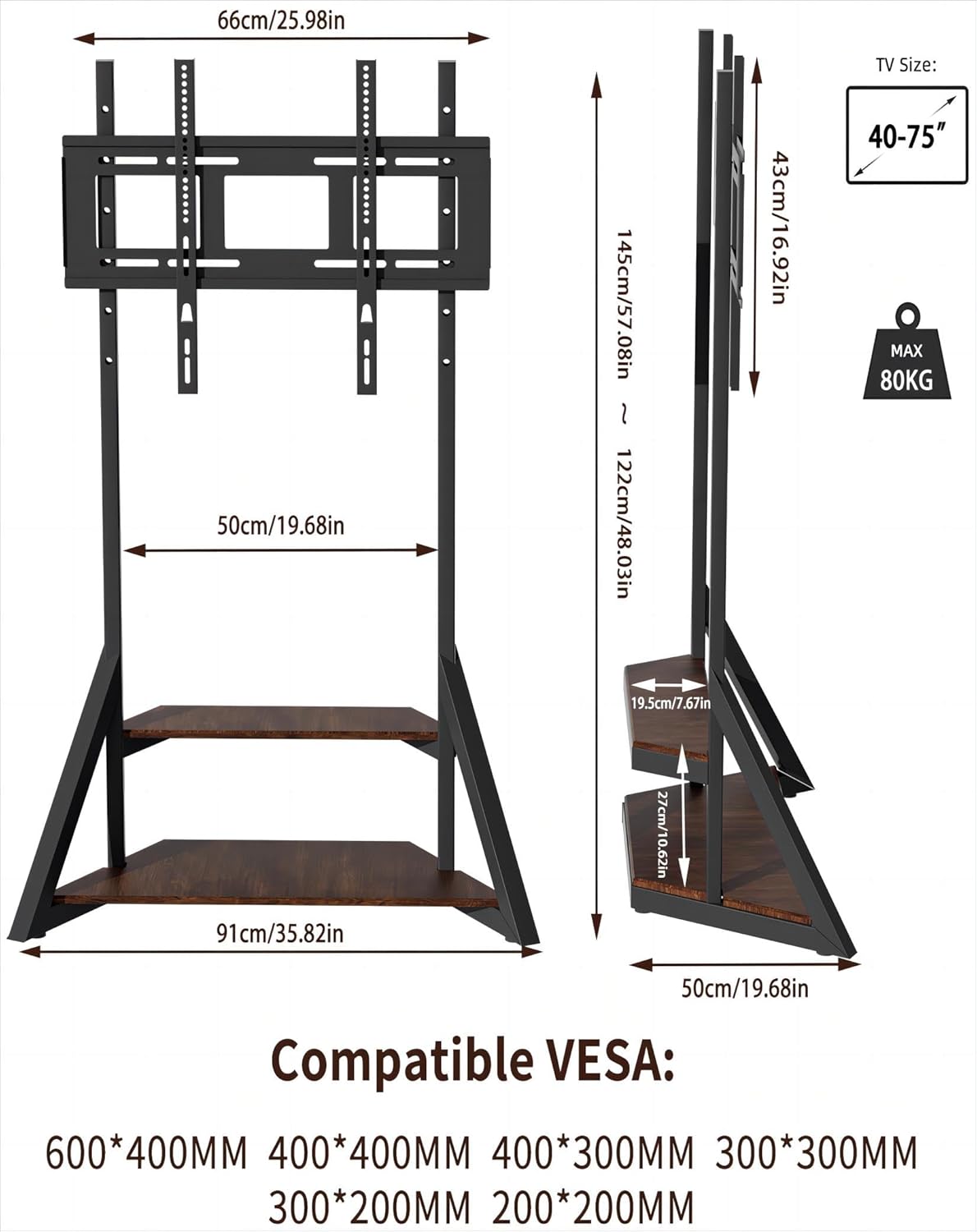 unho Floor TV Stand with Mount, for 40 45 55 65 75 inch Corner tv Stand with Wheels Adjustable Height Bracket Heavy Duty 2 Wooden Shelves Base VESA 600x400mm Max Load Bearing 176 pounds