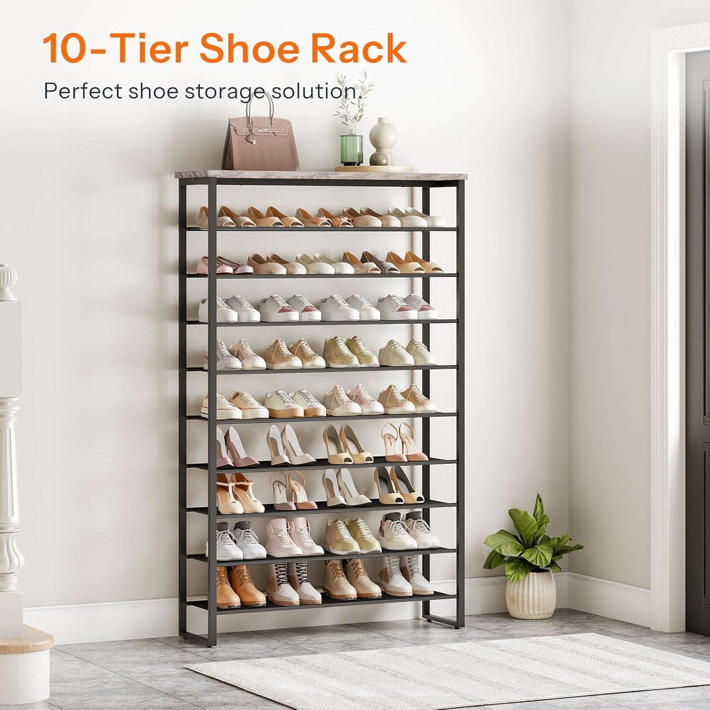 HOOBRO 10-Tier Shoe Rack, 39.4" L Shoe Storage Organizer, Large Capacity Shoe Shelf for Front Door Entrance, Entryway, Hallway, Holds 45-50 Pairs of Shoes, Closet, Greige and Black BG171XJ01