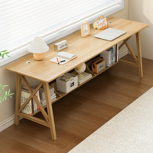 Extra Long Desk with Bookshelf - Wooden Home Office Work Study Table, 2-Person Writing Computer Workstation with Storage Shelf in Oak, 71" Wx20 Dx30 H