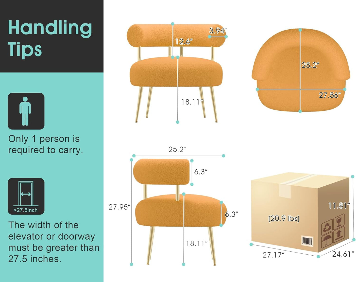 Mid Century Sherpa Boucle Accent Chair, Round Upholstered Barrel Arm Chair for Small Spaces, Fluffy Side Corner Sofa Chair for Living Room, Bedroom, Vanity, Office, Reading Nook(Yellow)