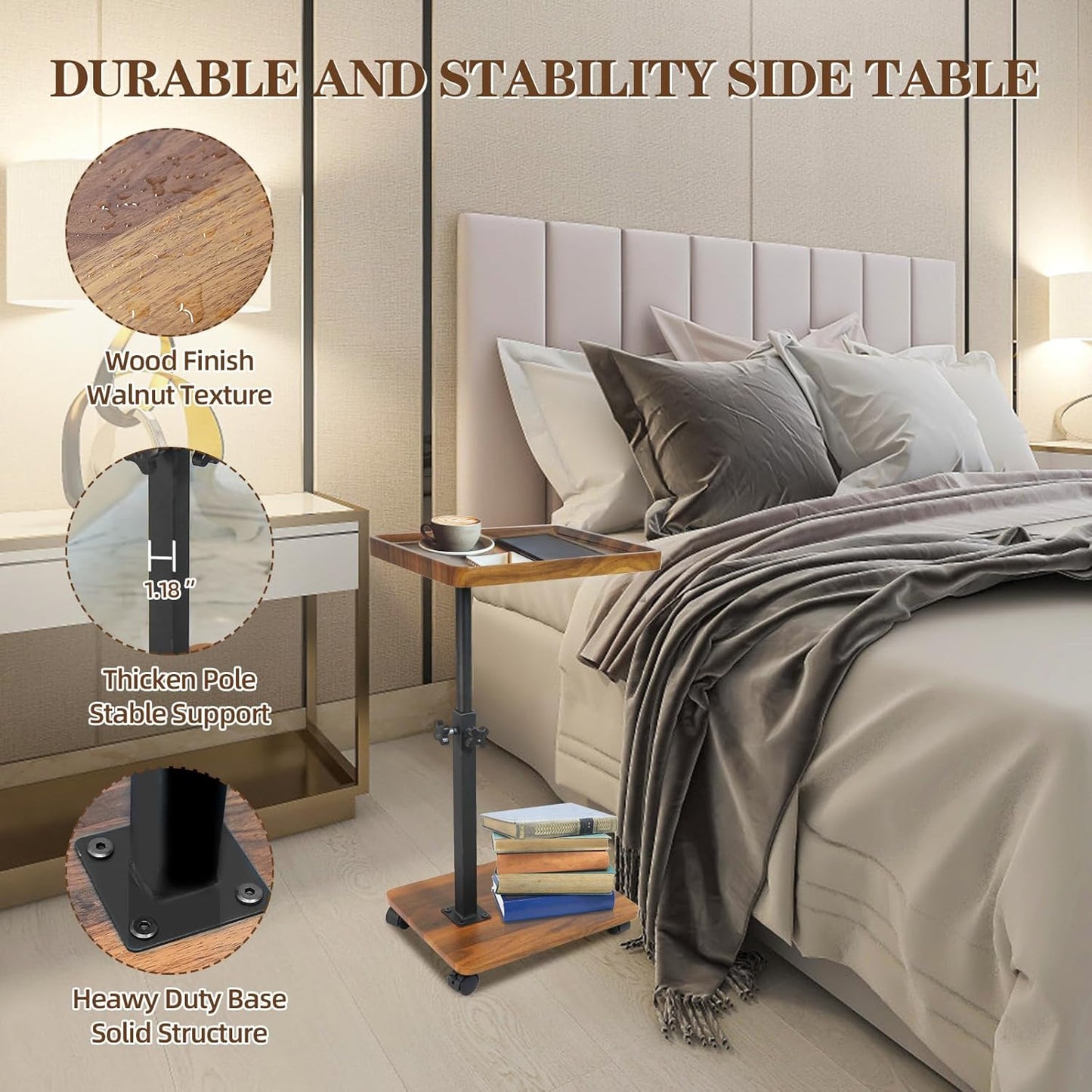 C Table Side Table End Table Adjustable Height，C Shaped End for Couch，Snack Tables,360°Swivel TV Tray Sofa Table， for Small Spaces，Side Tables Living Room and Bedroom for Sofa, Bed,Chair