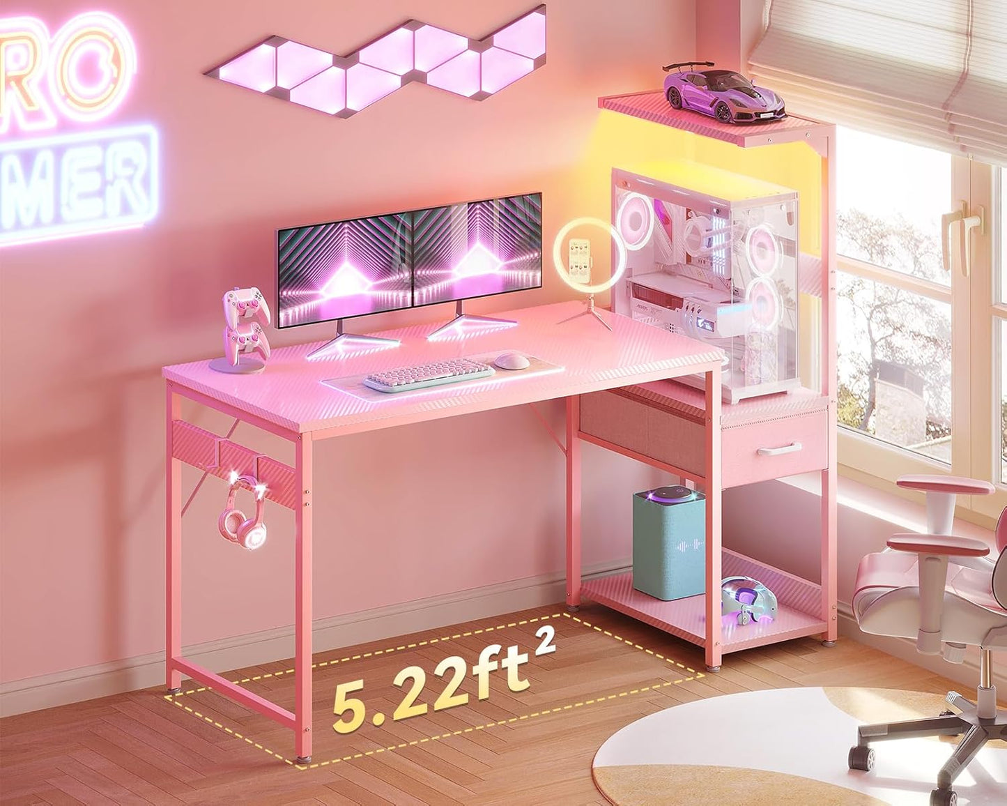 Casaottima 48 Inch Gaming Desk with Storage & LED Lights, Reversible Computer Desk with Display Shelves & Fabric Drawer, Modern Gamer Desk Table with Side Headphone Hook, Carbon Fiber Pink