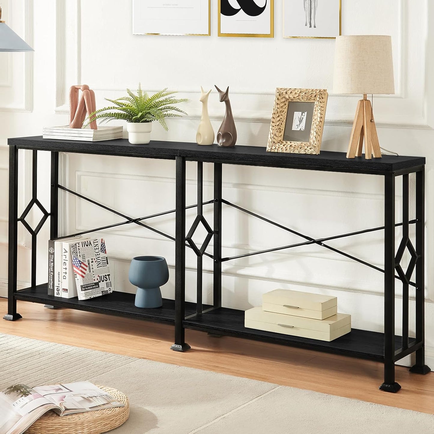 HOMISSUE Long Entryway Console Table, 70.9" Industrial Narrow Sofa Tables Behind Couch with 2 Tier Storage Shelf for Hallway, Living Room, Black