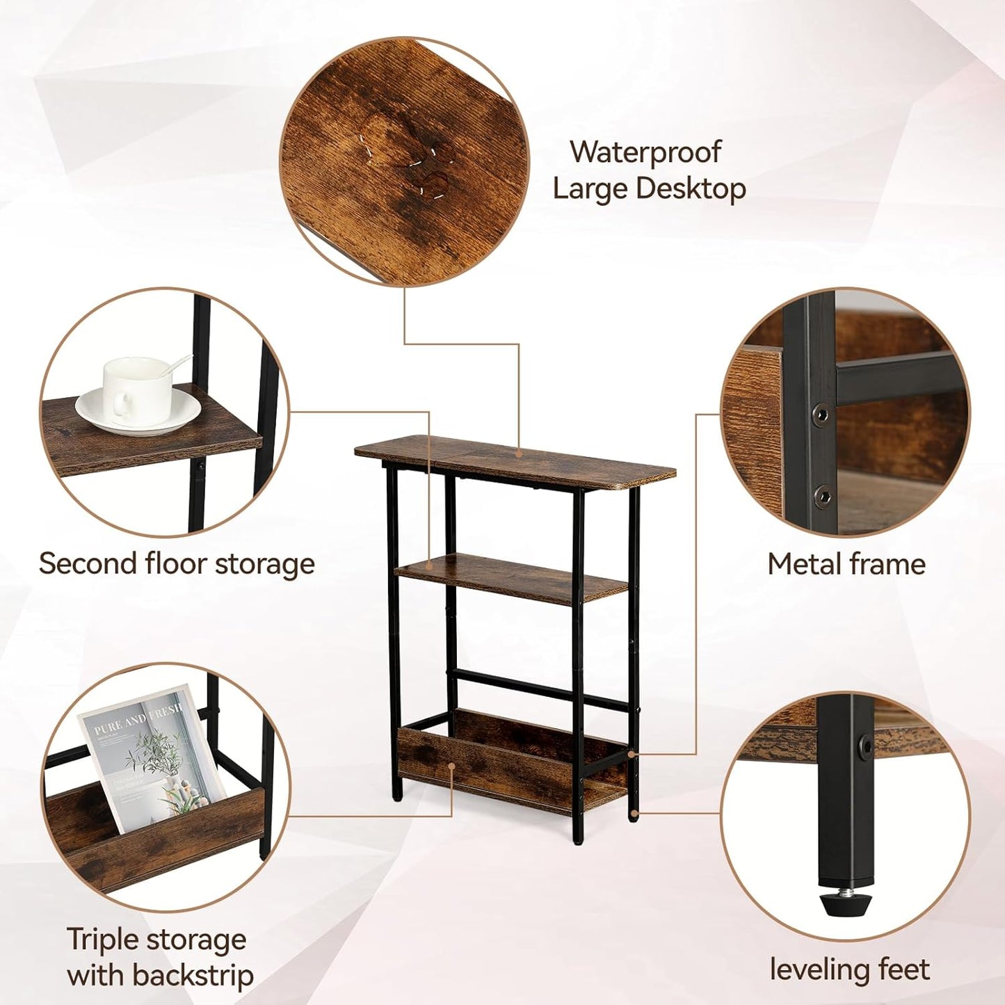 Narrow Side Table for Small Spaces, 3-Tier Small End Table with Storage Shelf and Magazine Holder, Slim and Skinny Nightstand for Bedroom, Living Room Sofa Table for Space Saving, Brown