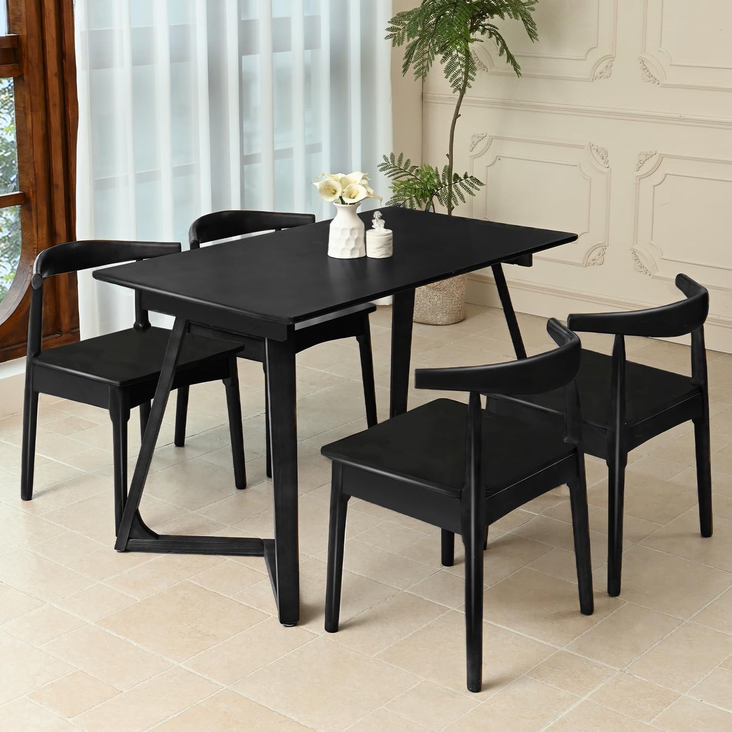 DELAVIN Solid Wood Dining Chairs Set of 4, Farmhouse Style High Ladder Back Dining Room Chairs, Modern Dining Chair for Living Room, Kitchen, Bedroom, Black