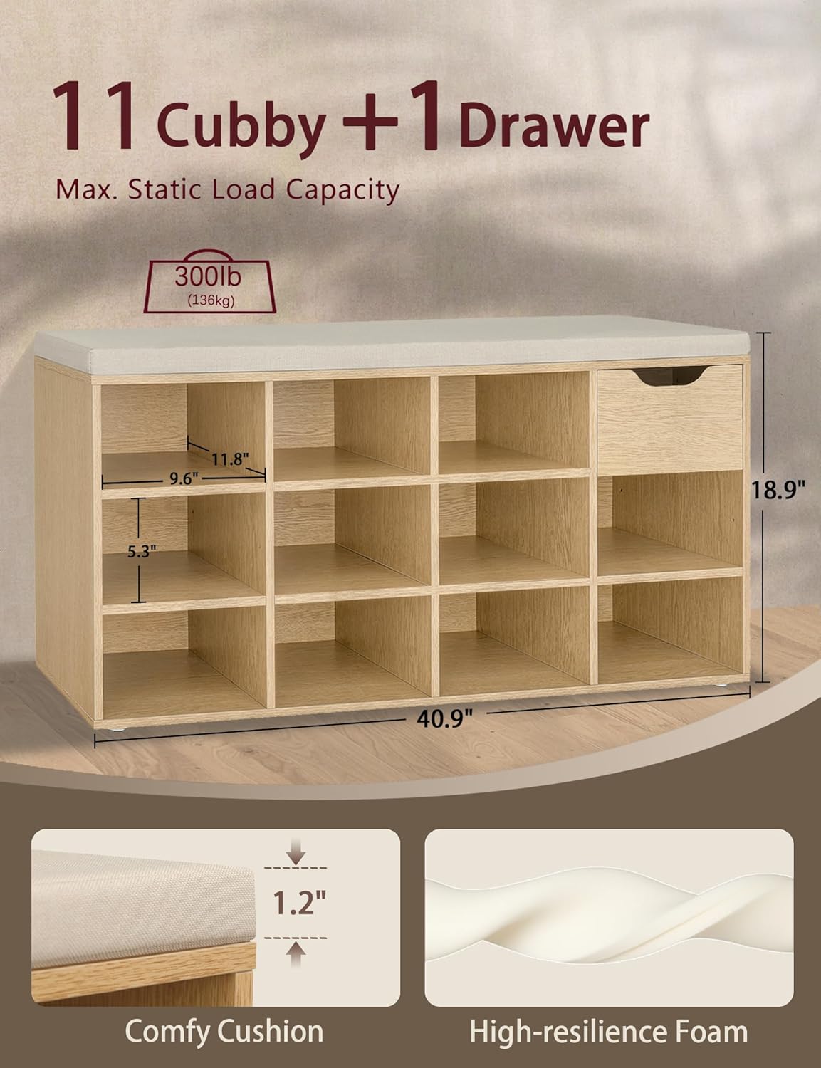 DINZI LVJ Shoe Storage Bench with Cushion, 11- Cubby Entryway Bench with Drawer and Adjustable Shelves, 40.9" Long Cubby Shoe Rack for Living Room, Bedroom, Mudroom, Natural and Cappuccino Beige