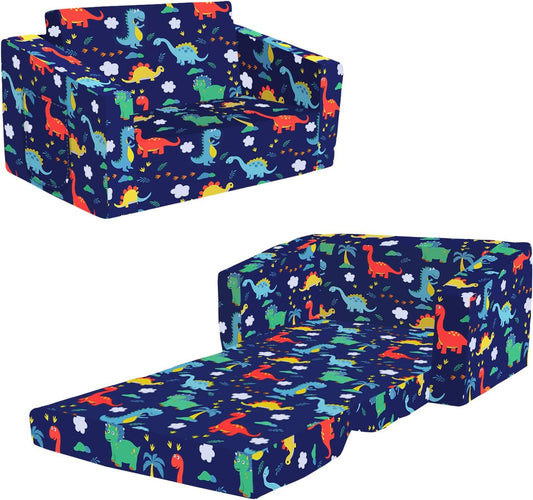 Kids Couch Convertible Sofa to Lounger for Toddler Boy, Foldable 2-in-1 Kids Sofa Bed, Toddler Chairs Comfy for Bedroom Playroom, Blue Dinosaur