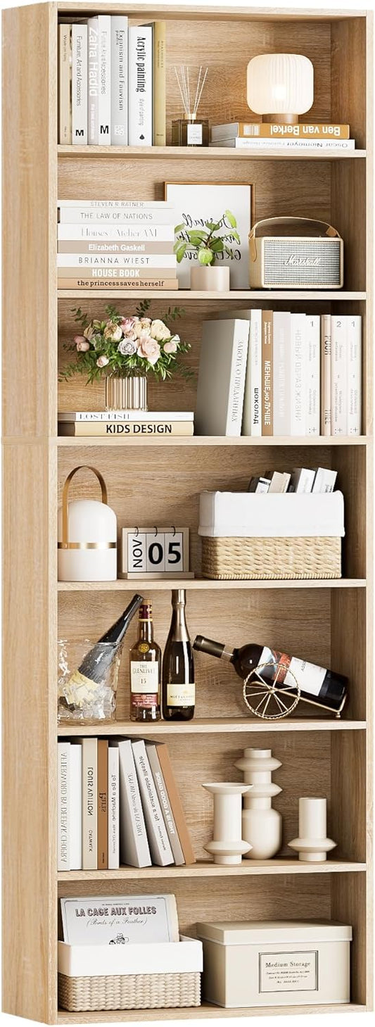 82" Tall Bookshelf, 7-Tier Open Shelves Bookcase, Freestanding Display Storage Shelves, Tall Bookcase Home Decor Furniture for Home Office, Living Room, Bedroom, Light Oak