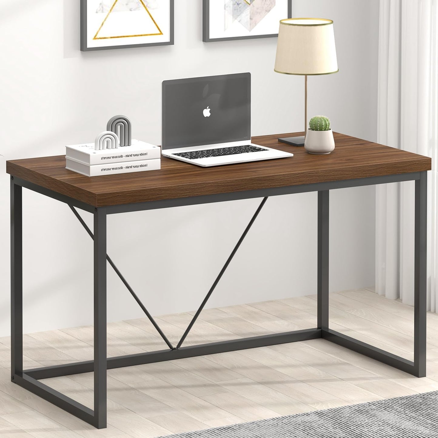 FOLUBAN Modern Office Desk, Rustic Wood and Metal Computer Desks, Industrial Study Writing Table, Simple Work Gaming PC Desk for Bedroom Living Room, Walnut 47 Inch