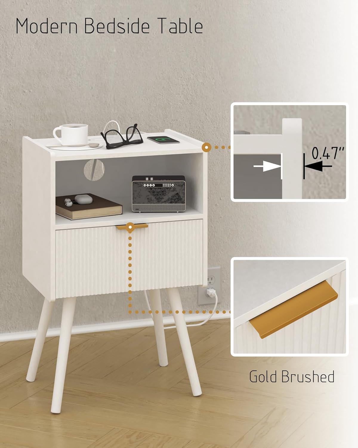 White Nightstand with Outlet,Modern Bedside Table with Storage Drawer and Open Wood Shelf, for Living Room, Bedroom and Small Spaces, Accent Night Stand with Solid Wood Legs, Easy Assembly