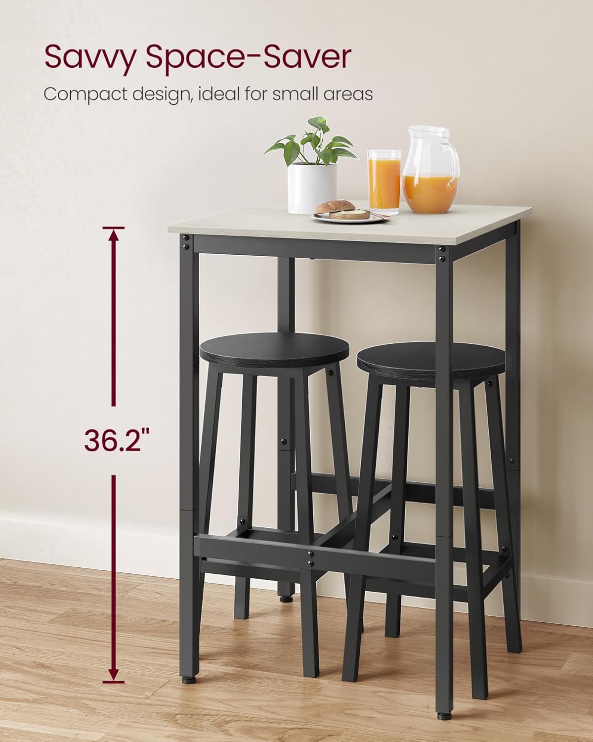 VASAGLE Bar Table, Small Kitchen Dining Table, High Top Pub Table, Height Cocktail Table for Living Room Party, Sturdy Metal Frame, 23.6 x 23.6 x 36.2 Inches for Narrow Spaces, Vintage White and Black