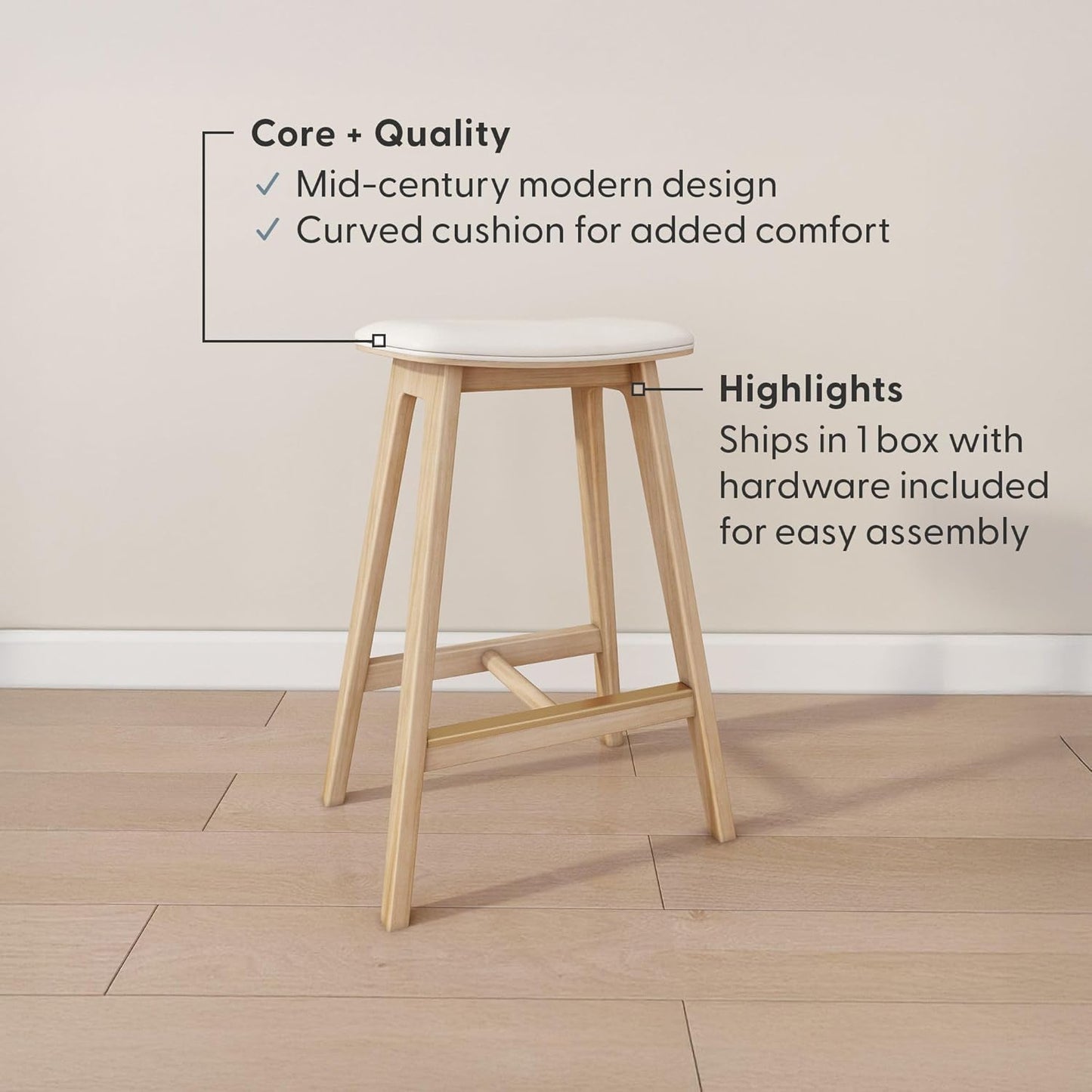 Plank+Beam Beryl Counter Height Stool - Mid-Century Modern Rubberwood Bar Stool with Faux Leather Seat, Metal Footrest, Easy Assembly, Blonde/Sesame
