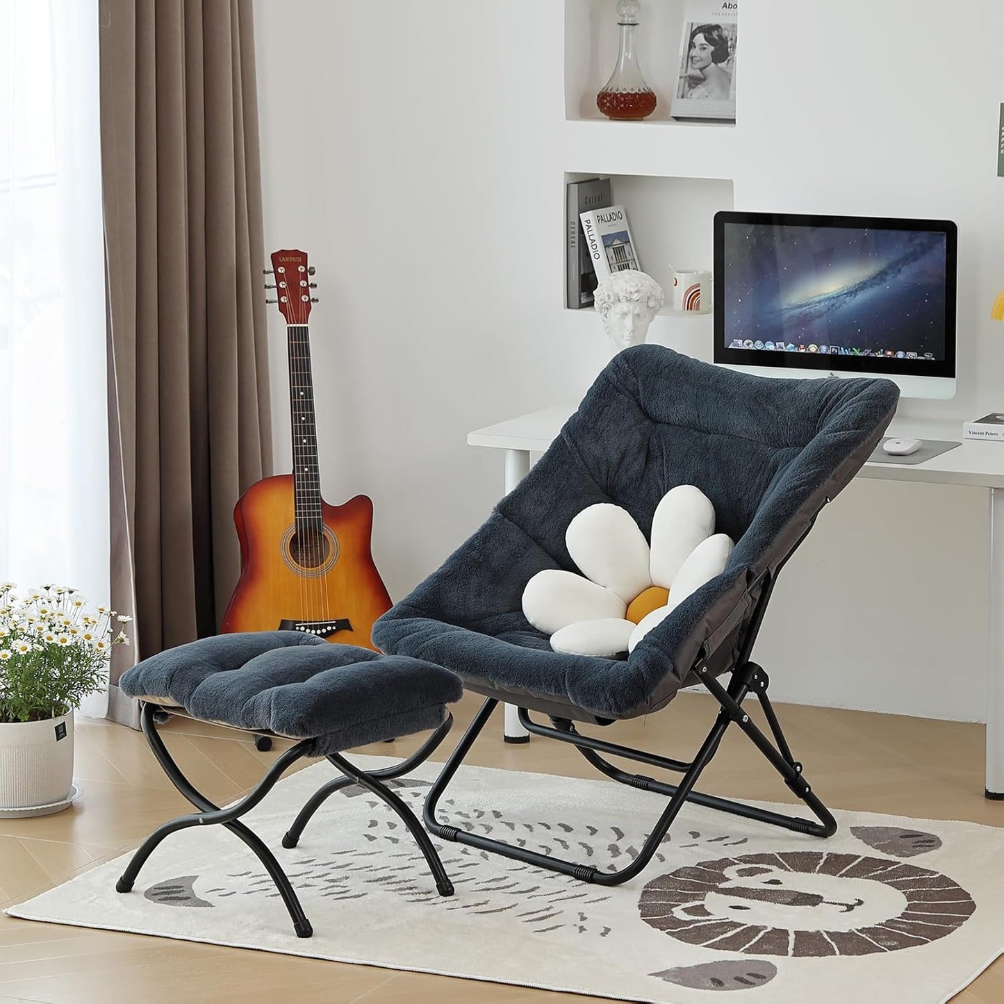 Comfy Folded Chair, Soft Faux Fur Oversized Folding Chair, Flexible Lounge Lazy Chair for Kids Girls Teens Adults, Moon Chair for Dorm Rooms, Bedroom, Living Room