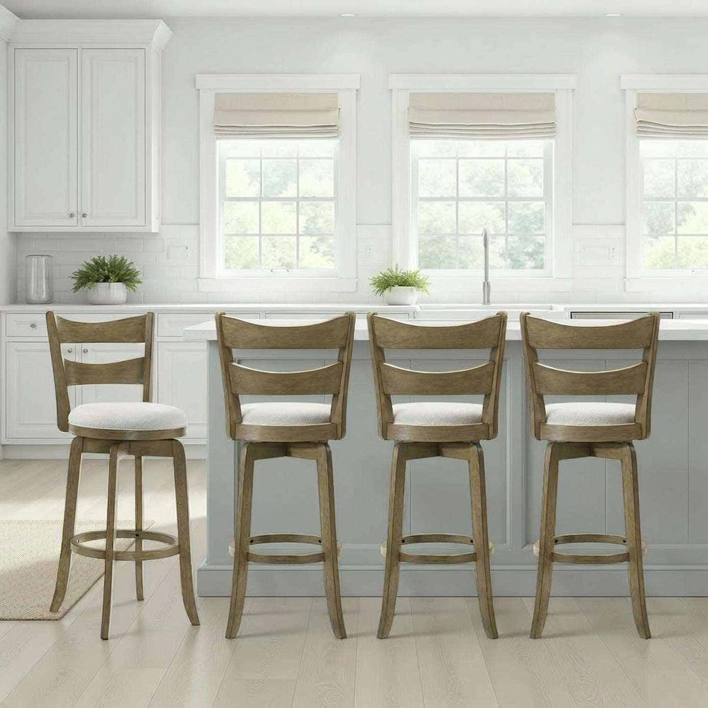 Armen Living Blair 26 in. Putty Brown Counter Height Rubberwood Swivel Barstool with Cream Fabric Seat - Set of 4