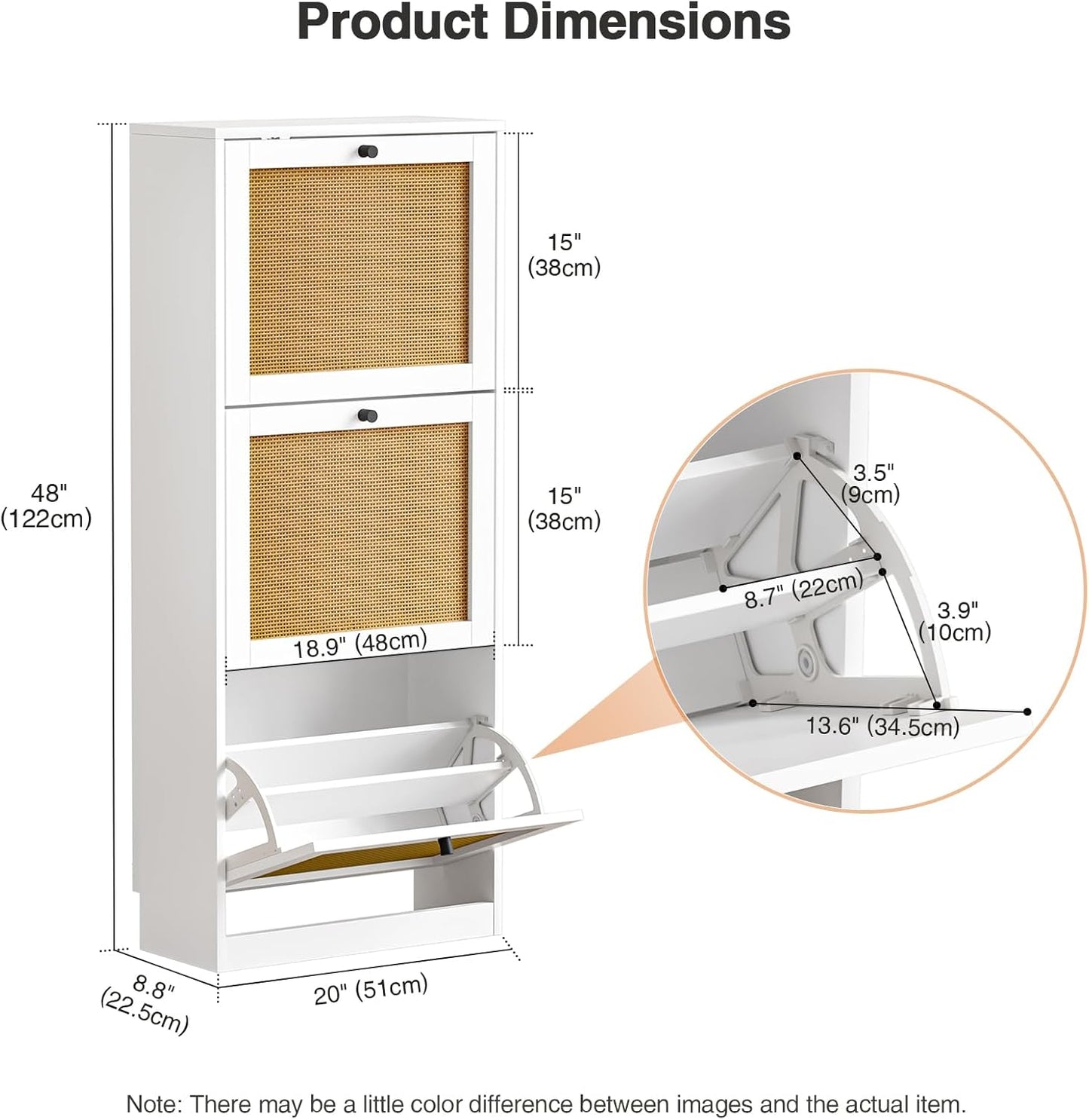 Rattan Shoe Cabinet with 3 Flip Drawers,Narrow Shoe Rack Cabinet with Adjustable Shelves,3 Tier Shoe Storage Organizer for Hallway,Entrance,White
