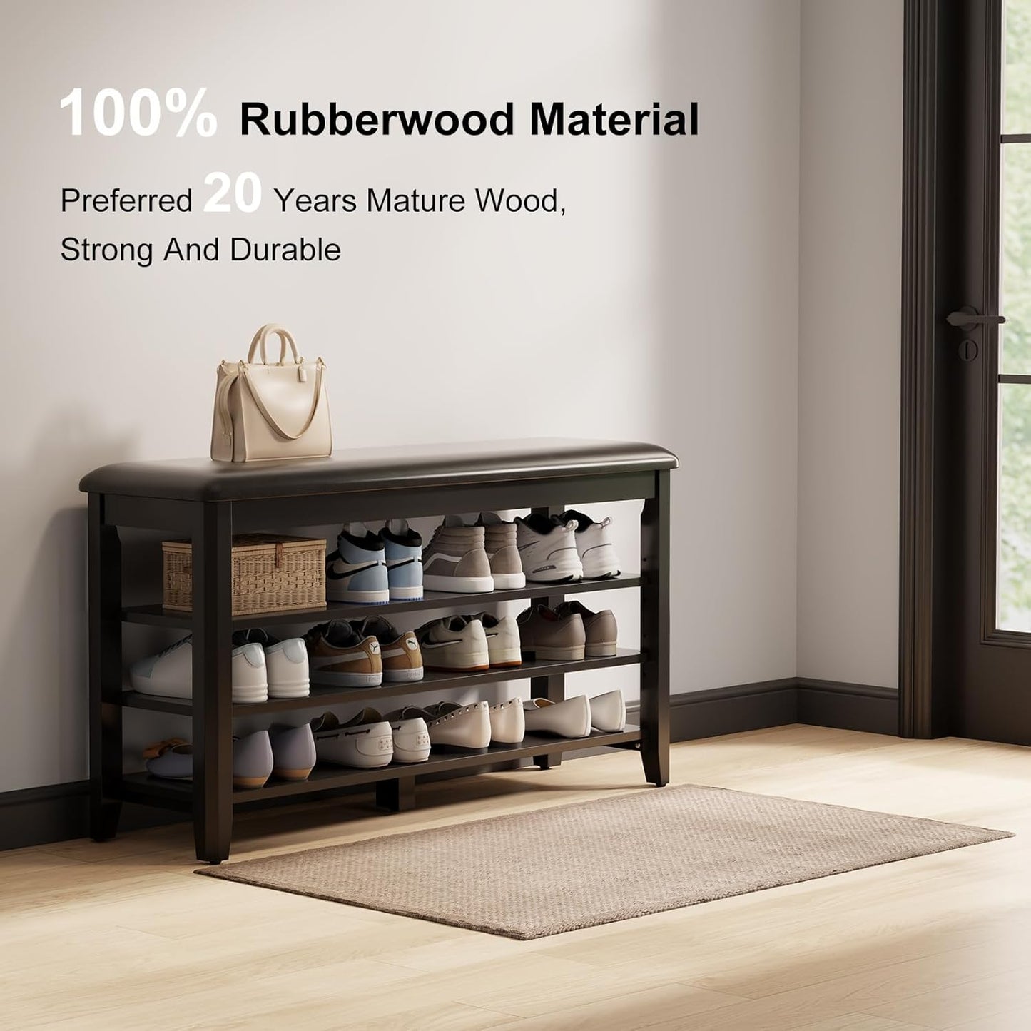 Shoe Bench with Leather Cushion, 3 Tiers Shoe Storage Bench Height Adjustable, Walnut Wood Entryway Bench for Hallway, Mudroom