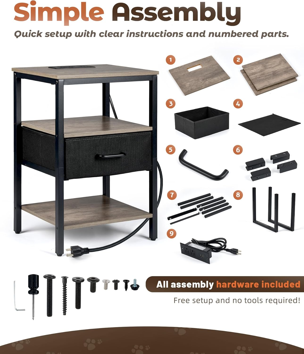 Nightstand with Charging Station, Bed Side Table with Fabric Drawer, 3-Tier Storage Dorm Night Stand for Bedroom, 2 USB & 2 Outlets End Table, Greige and Black