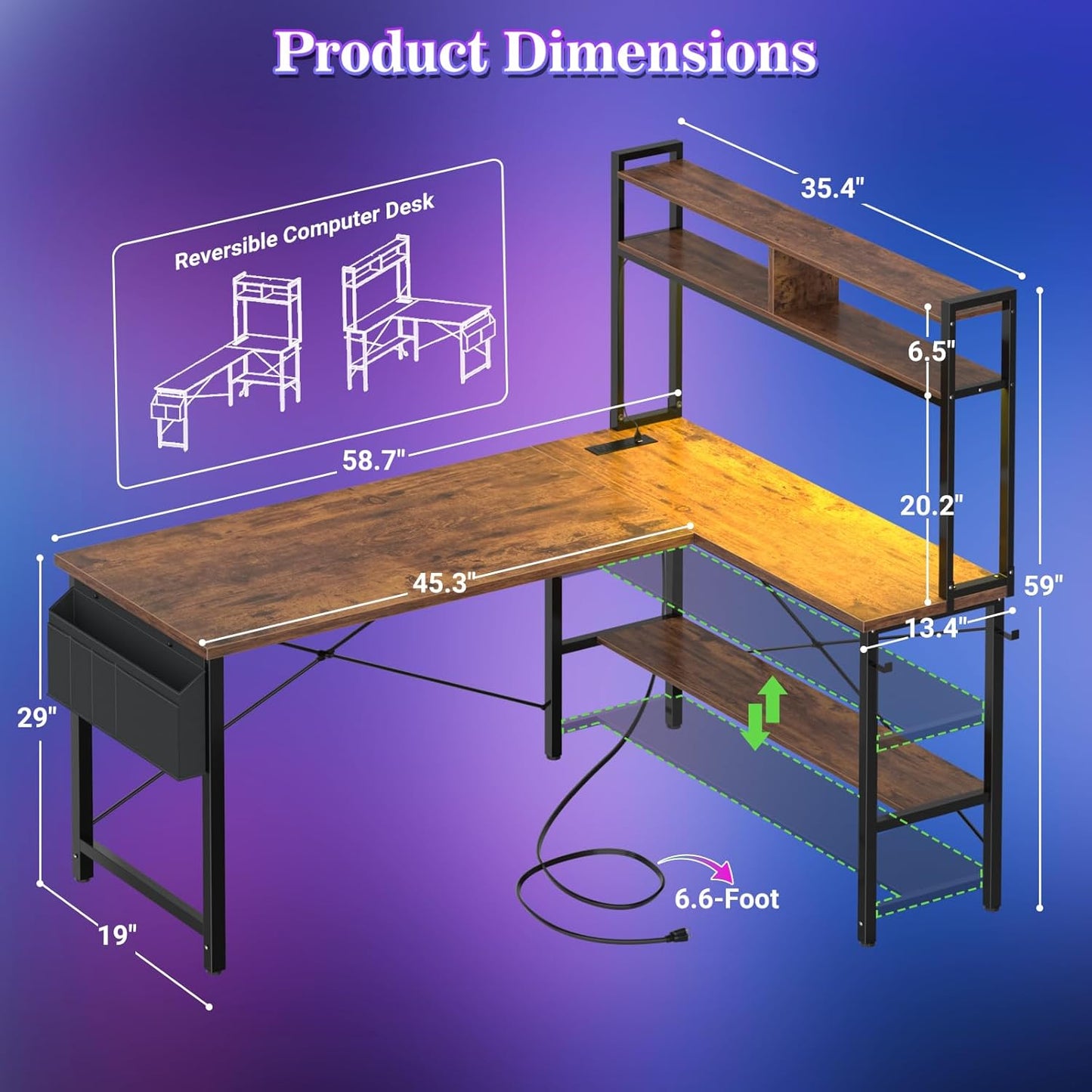 Aheaplus L Shaped Desk Gaming Desk, 59" L Shaped Computer Desk with LED Light & Power Outlet, Reversible Home Office Desk Gamer Desk with Shelves & Storage Bag & Hooks, Corner PC Desk, Rustic Brown