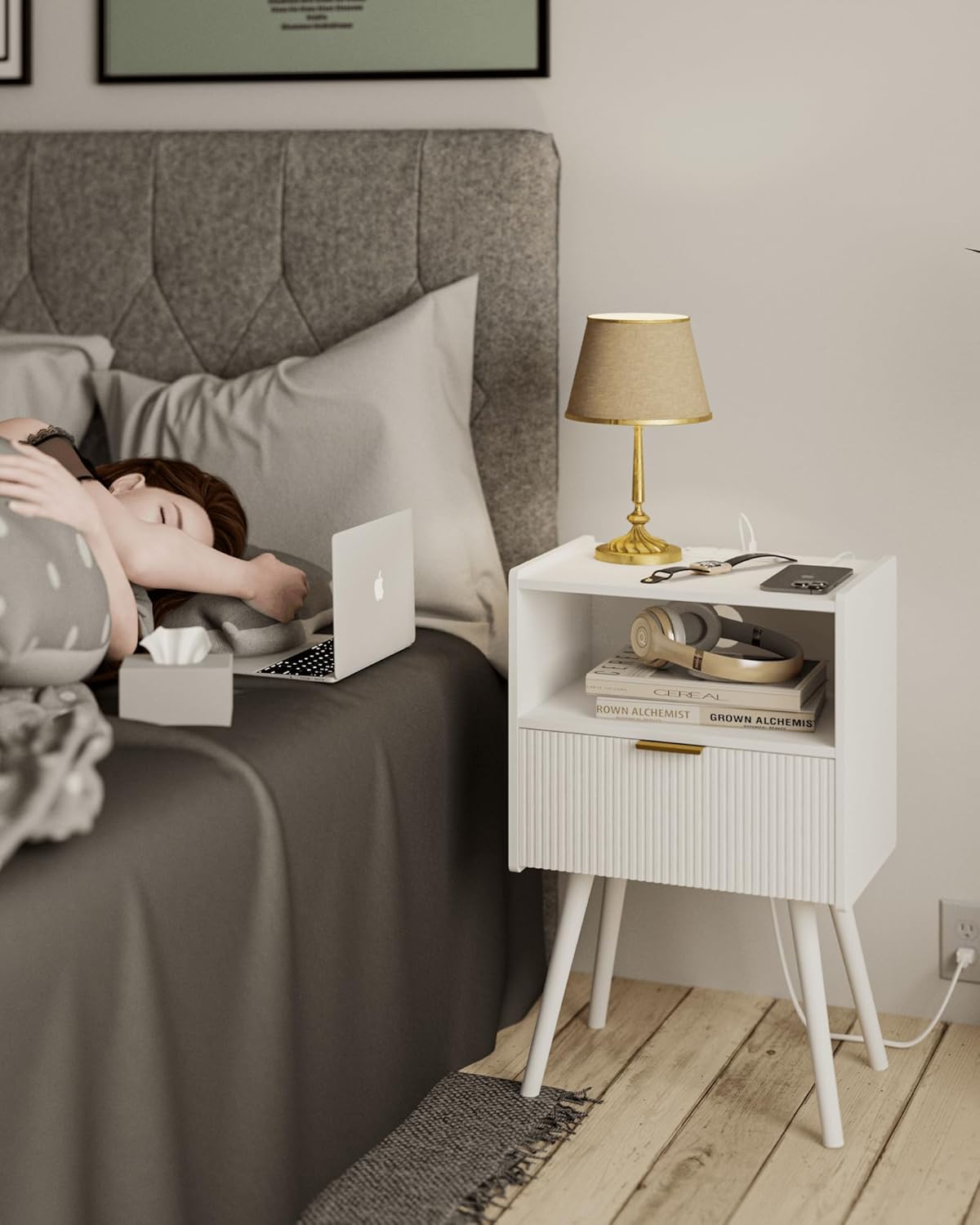 White Nightstand with Outlet,Modern Bedside Table with Storage Drawer and Open Wood Shelf, for Living Room, Bedroom and Small Spaces, Accent Night Stand with Solid Wood Legs, Easy Assembly