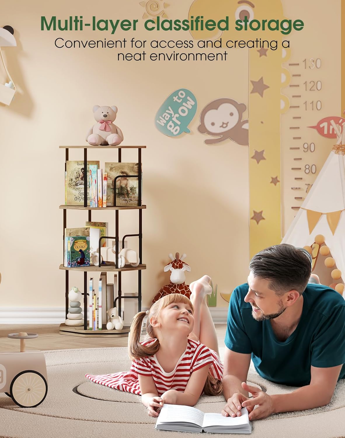 4 Tier Rotating Bookshelf, 360 Display Round Spinning Bookshelf Tower for Kids Room, Corner Shelf for Living Room, Office, Bedroom, Black