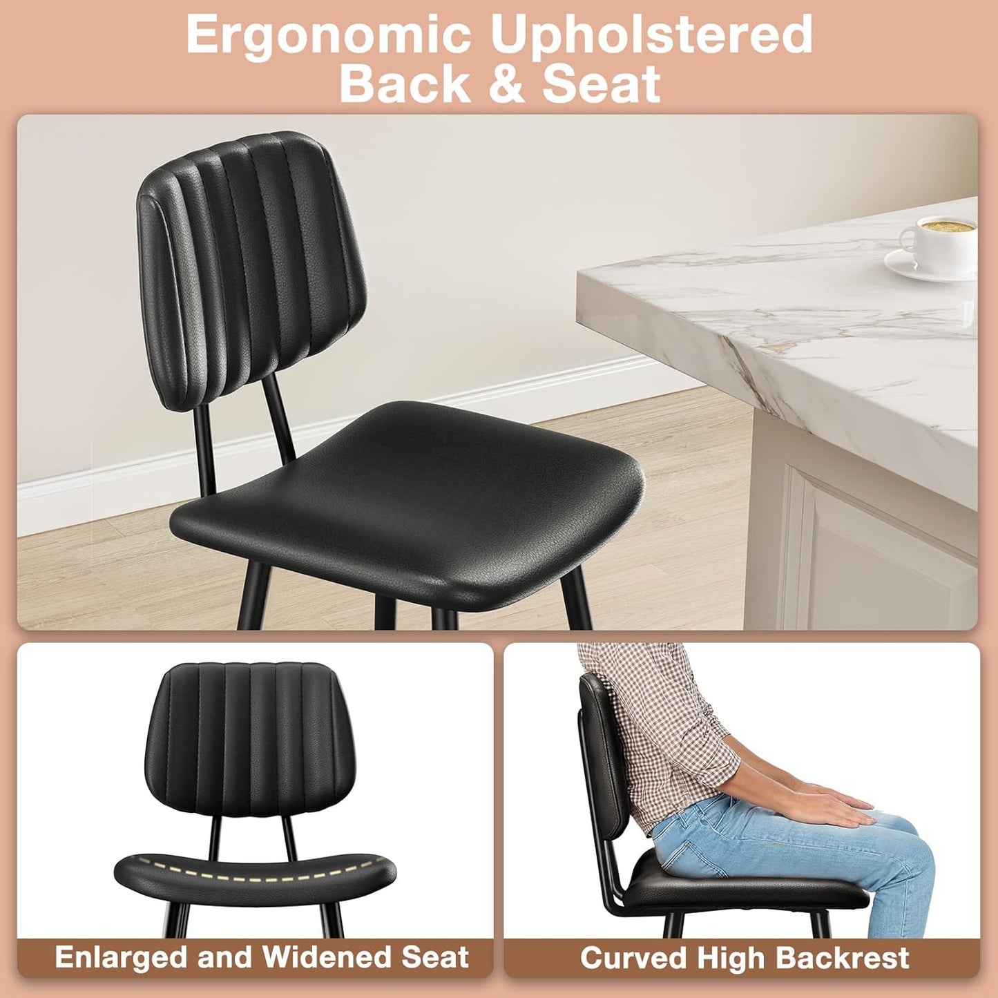 24-Inch Leather Bar Stools Set of 3, Counter Height Barstools with High Backrest，Bar Chairs for Kitchen Island with Heavy Duty Metal Legs, Black