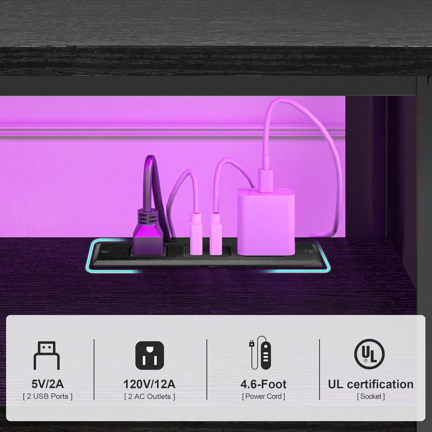 WelFurGeer Industrial Metal TV Stands with RGB LED Lights & Built-in Power Outlets - Modern TV Entertainment Center for Living Room, Open Grid Design TV Console with Storage (Black)