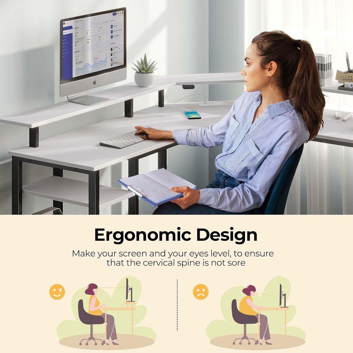 Rolanstar L Shaped Gaming Desk with LED Lights & Power Outlets, 46.2" Computer Desk with Full Monitor Stand & Storage Shelf, Corner Desk with Hooks, White Desk Reversible