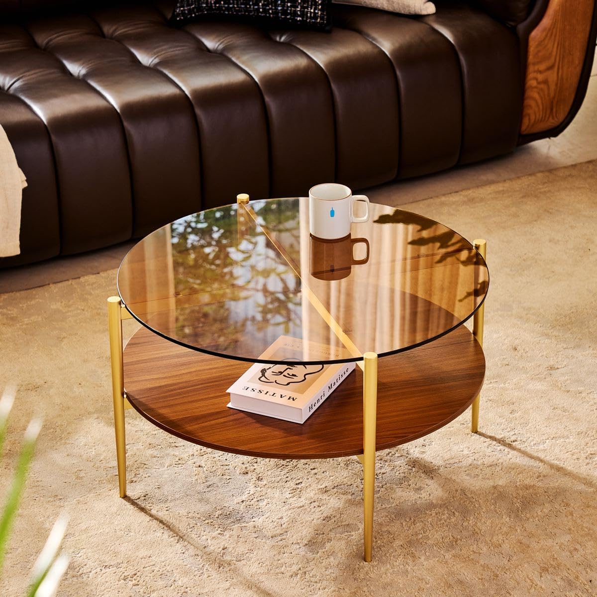 AGV LIGHTING Round Glass Coffee Table, Mid-Century Modern Coffee Table for Living Room, Glod Coffee Table, Amber Glass Top & Walnut Wood Shelf
