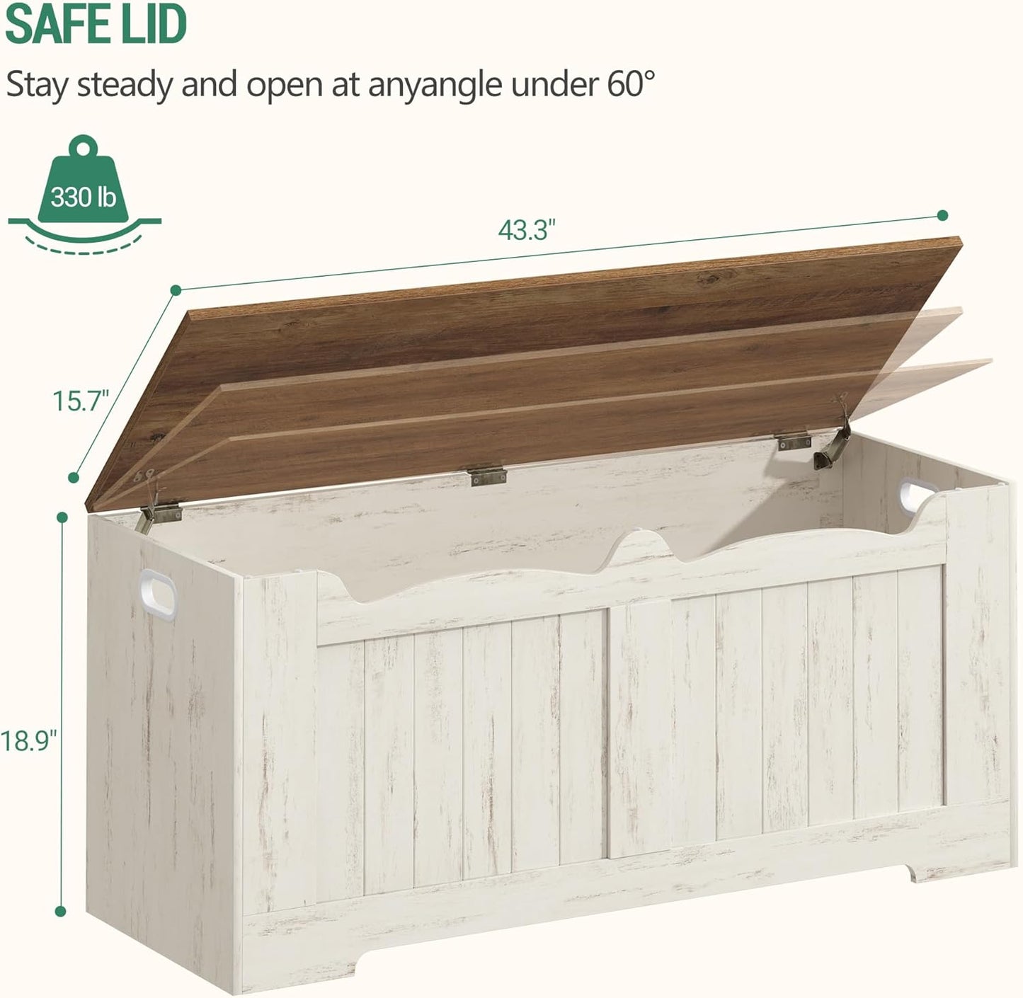 43.3" Storage Chest, Extra Large Storage Bench Trunk with 2 Safety Hinges, Wooden Box, Lift-Top Chest Organizer, Shoe Bench for Entryway, Bedroom, Living Room, White and Brown SB25514X