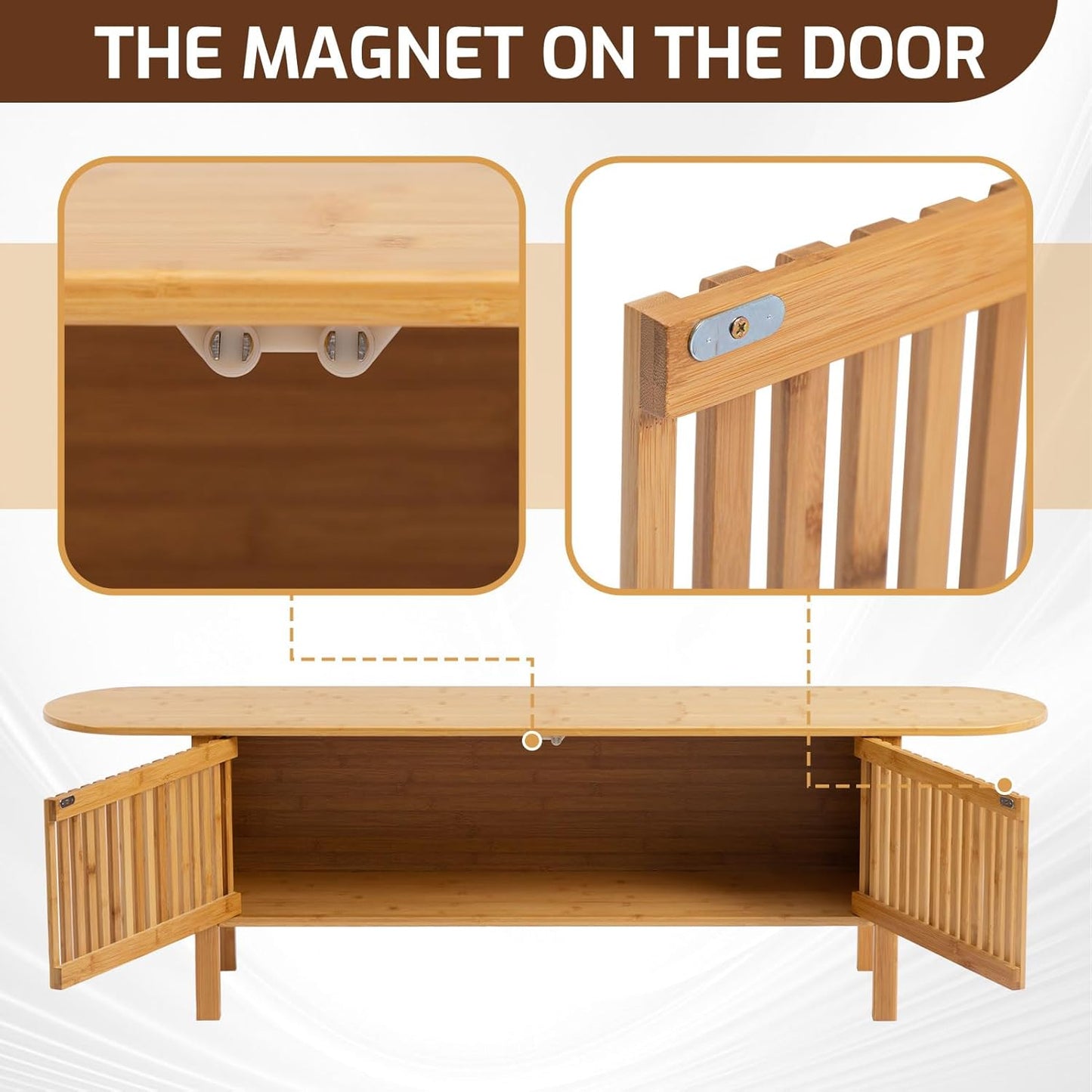 HollyHOME Bamboo TV Stand with Storage for TVs up to 65", Modern Entertainment Center with Fence Door, Accent TV Table with 2 Shelf, Media Console TV Stand for Living Room, Bedroom, Burlywood