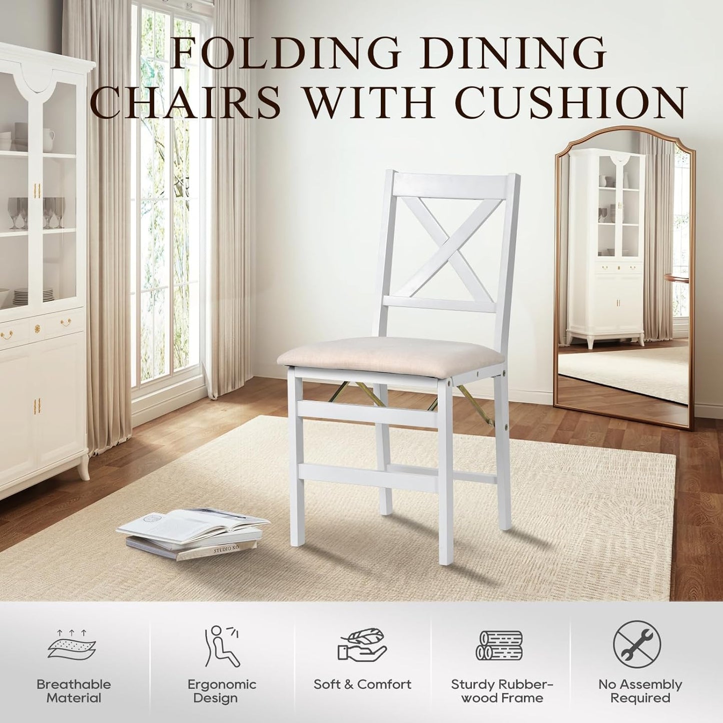 COLAMY Folding Dining Chairs Set of 4 – White Wooden Dining Room Chairs for Small Spaces, Pre-Assembled, Space Saving Kitchen & Dining Room Furniture, Indoor Outdoor Use