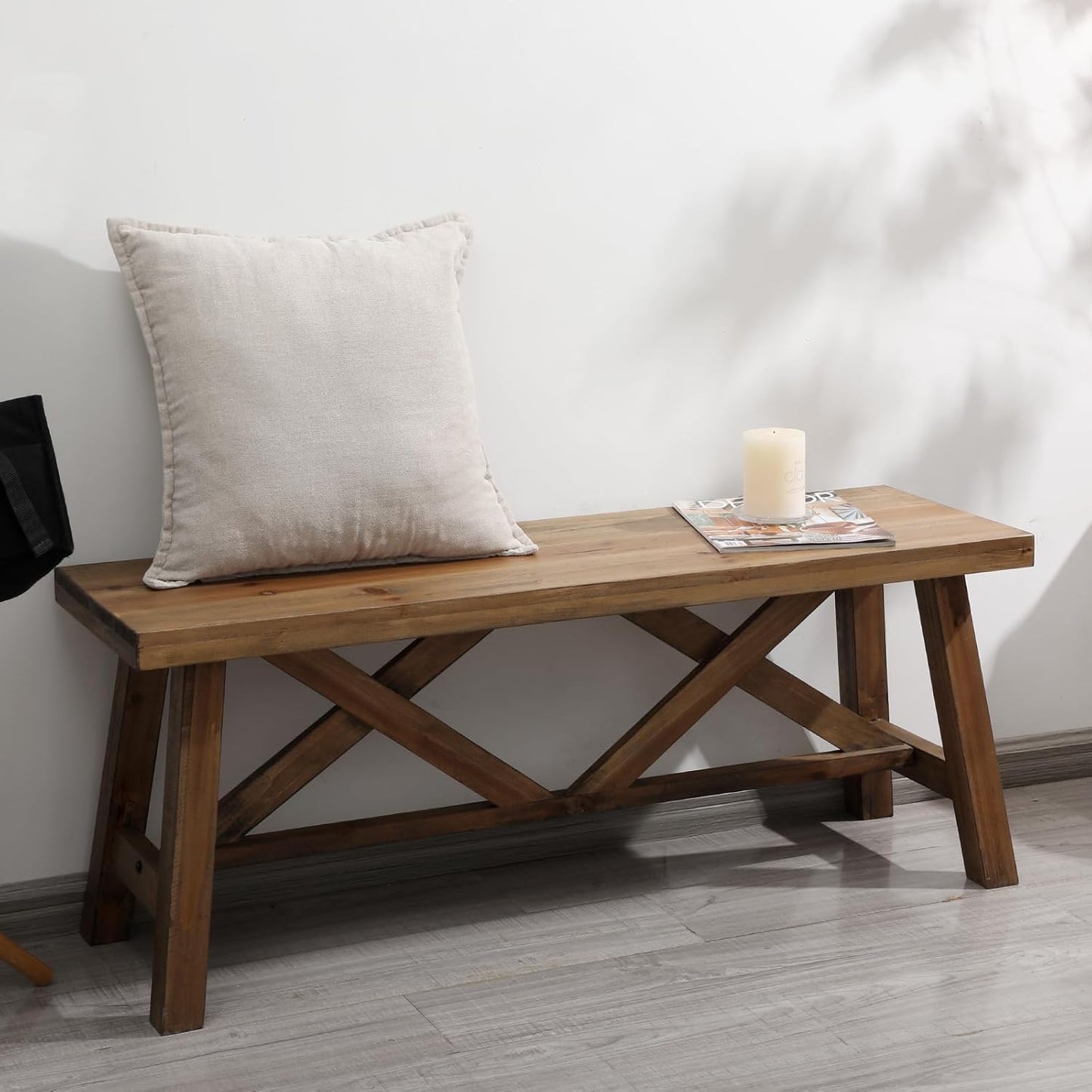 Wnutrees 43" Farmhouse Wood Bench, Rustic Solid Wood Entryway Bench Seat with Double X-Structure for Dining Room, Living Room, Hallway, Structural Stability, Natural