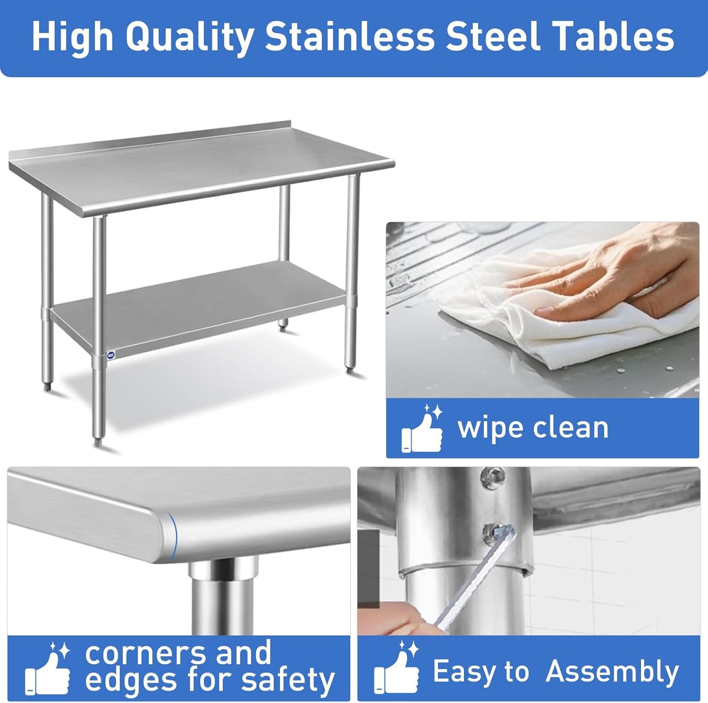 ROCKPOINT Stainless Steel Table for Prep & Work with Backsplash 18x36 Inches, NSF Metal Commercial Kitchen Heavy Duty Table with Adjustable Under Shelf and Table Foot for Restaurant, Home and Hotel