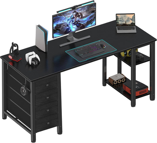 Lufeiya Gaming Desk with 4 Fabric Drawers & Storage Shelves, 63 inch Computer Writing Work Study Desk for Home Office Bedroom, Modern Simple Student PC Desks Table, Black