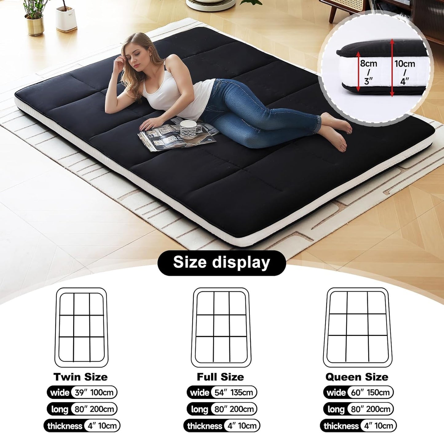 Tiita Floor Mattress Memory Foam Mattress Topper, 4" Thicken Futon Mattress with Storage Bag and 2 Straps, Portable Roll Up Travel Car Camping Mattress Sleeping Pad Full Size, Black