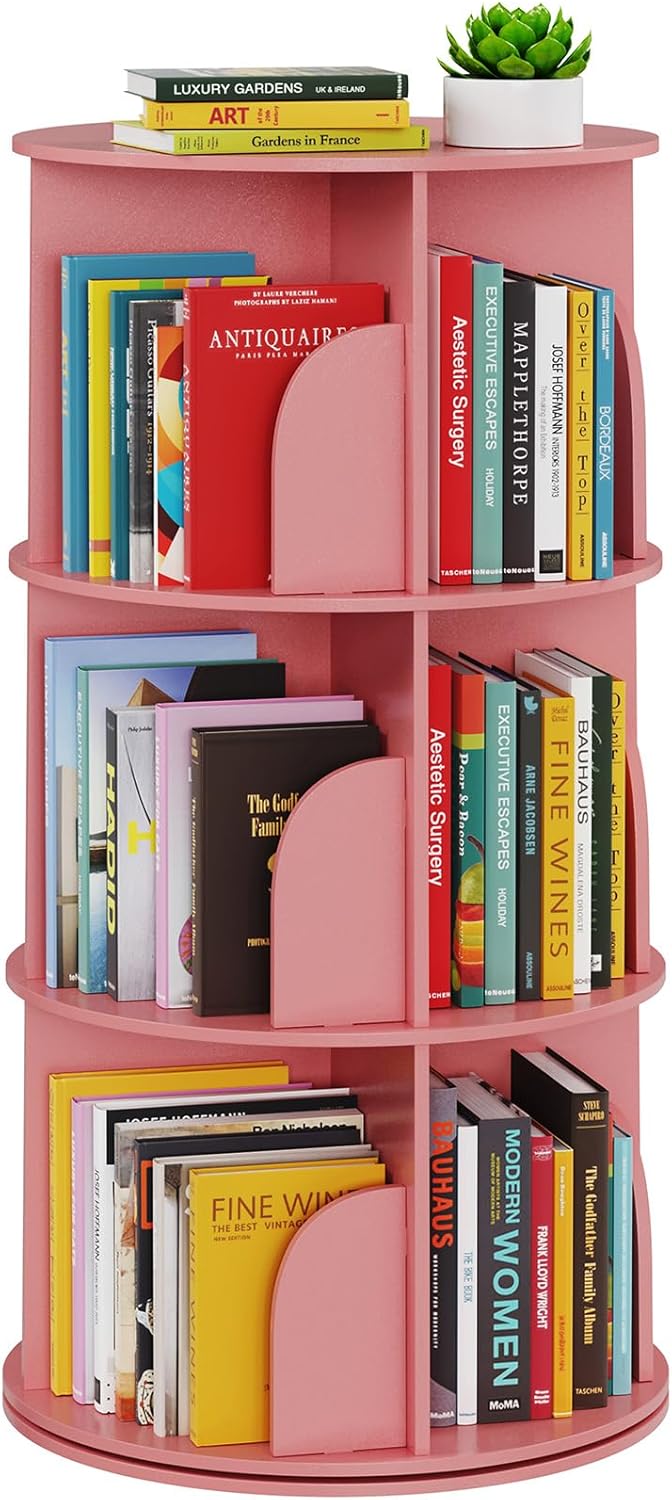 SpaceAid 3 Tier Rotating Bookshelf Tower, Spinning Bookcase Lazy Susan, Revolving 360 Book Shelf Storage Round Carousel, Vertical Rotate Turning Spiral Corner Organizer, Pink