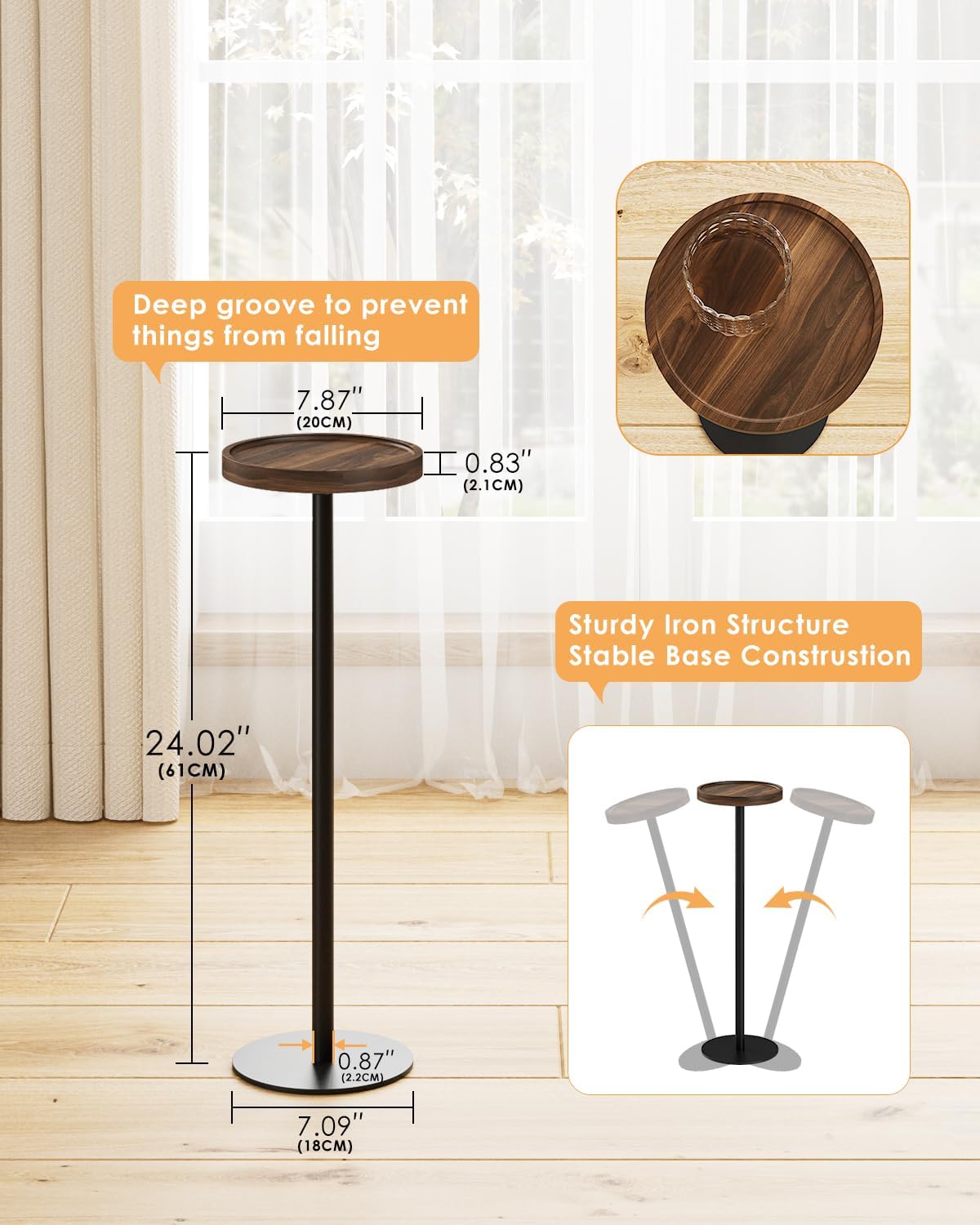 Drink Table, Small Pedestal Side Table, Round Cocktail Table, Circle Accent End Table with Metal Base, for Small Spaces (2, Brown Walnut)