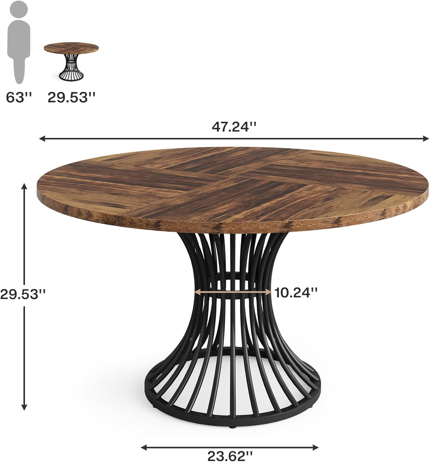 Tribesigns Round Dining Table for 4-6 People, 47-Inch Farmhouse Dinning Room Circle Kitchen Table, Industrial Dinner Table with Metal Base for Kitchen, Living Room, Black and Brown
