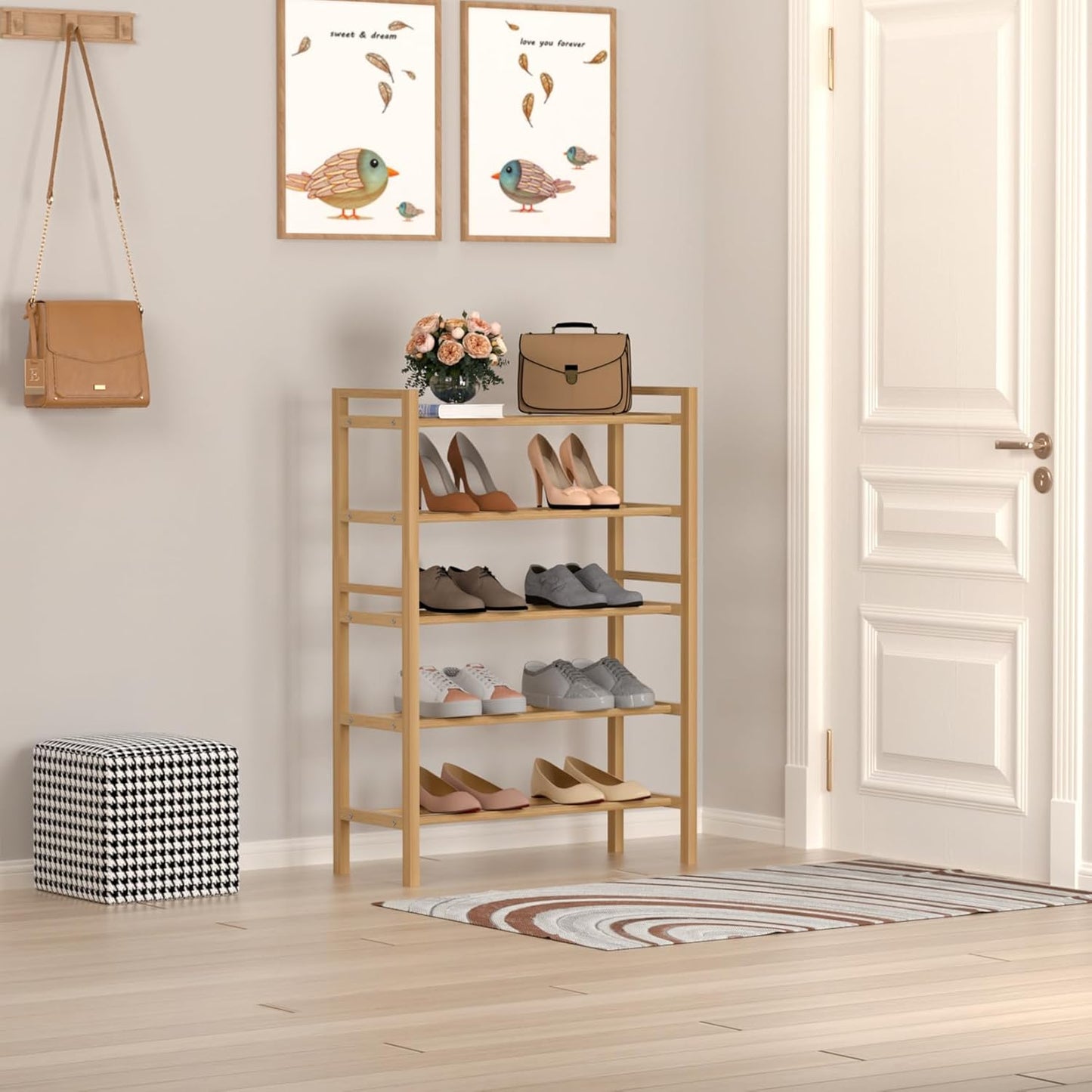 Haddockway Bamboo Shoe Rack for Closet, Free Standing Shoe Organizer with Smooth Round Rods & Convenient Handles, Stackable Shoe Storage Shelf for Entryway, Hallway(Natural, 5-Tier(Small))