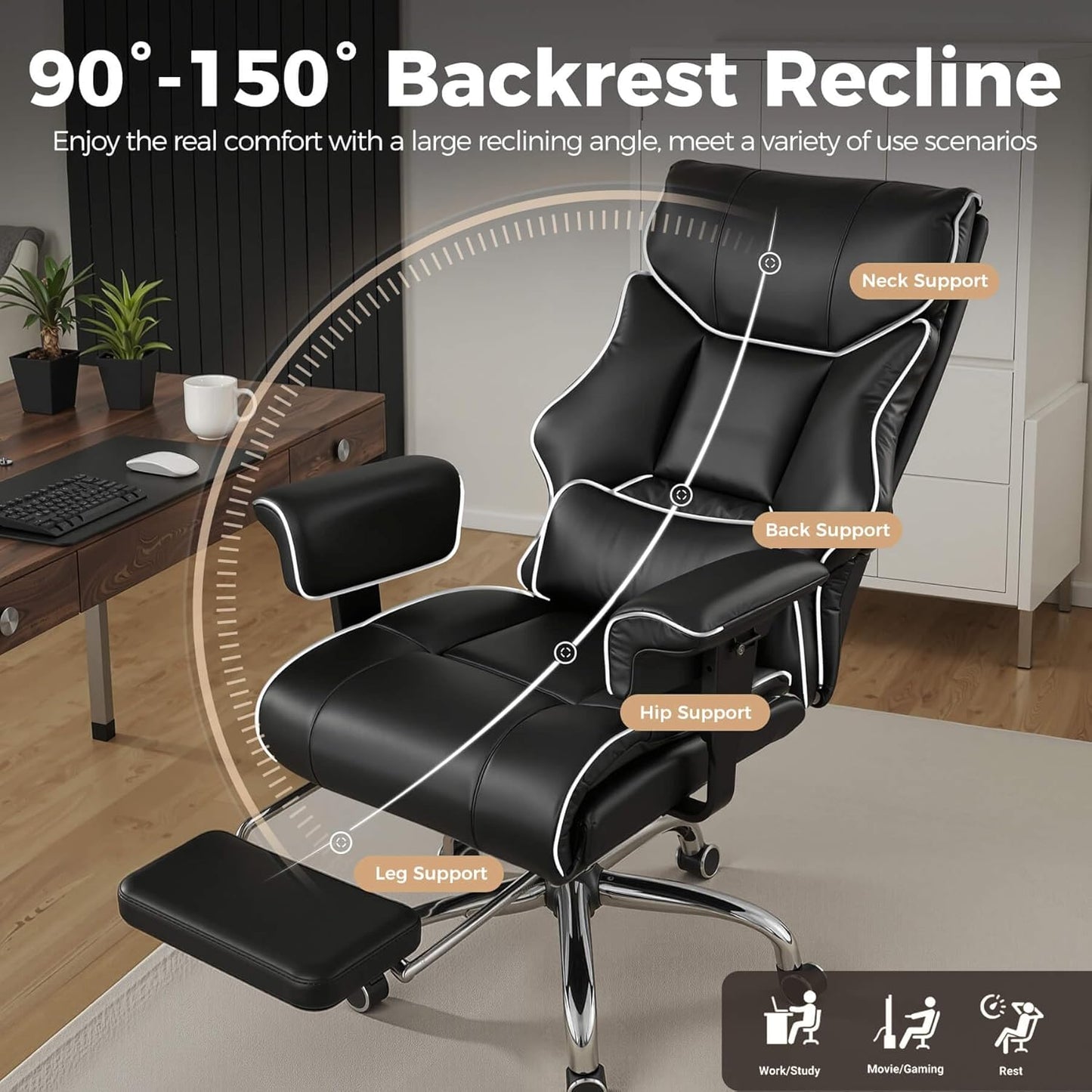 COMHOMA Big and Tall Office Chair 400lbs High Back Gaming Chair with Ergonomic Lumbar Support & Pocket Spring Cushion for Lower Back Pain Relief, Leather Executive Chair with Foot Rest, White/Black