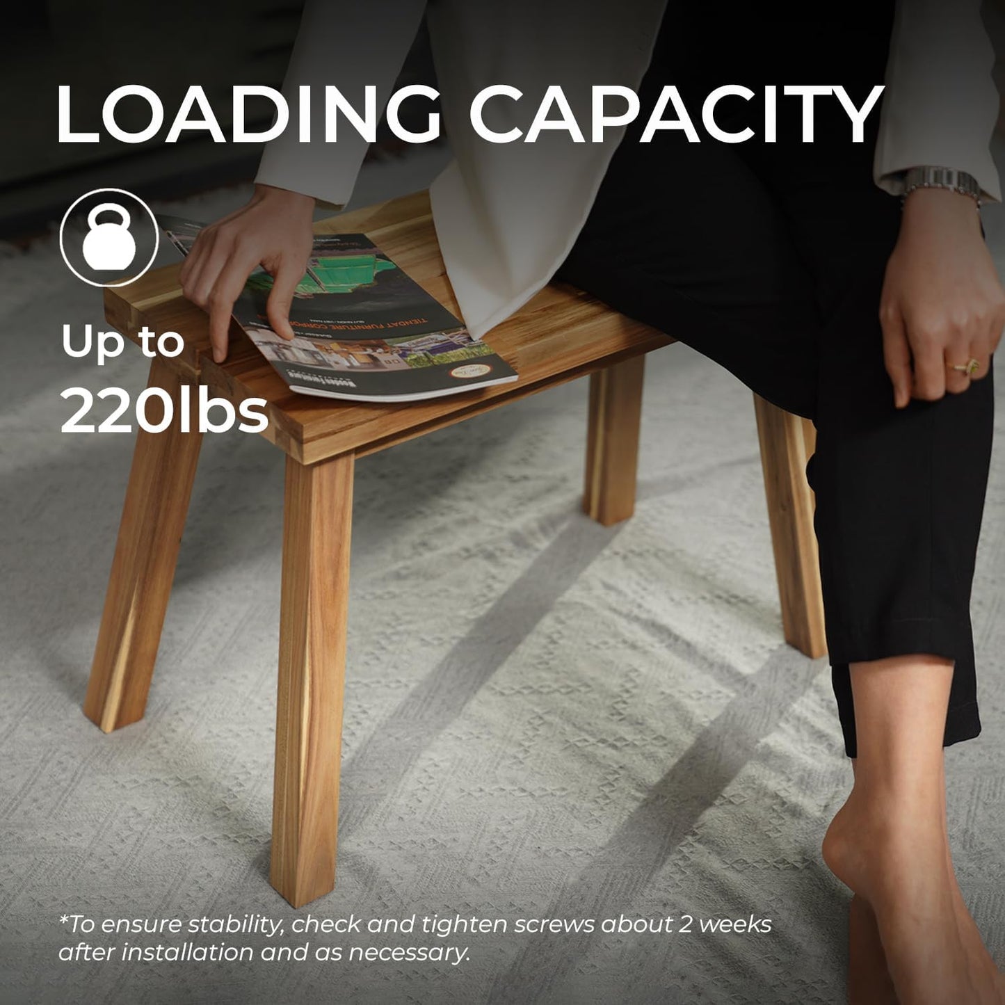 Bench 100% Solid Acacia Wood, Backless, Wax Galvanized Finish, Easy Assembly, End Table Wooden Bench Furniture for Plant, Dining Room, Entryway, Indoor (26 inches)