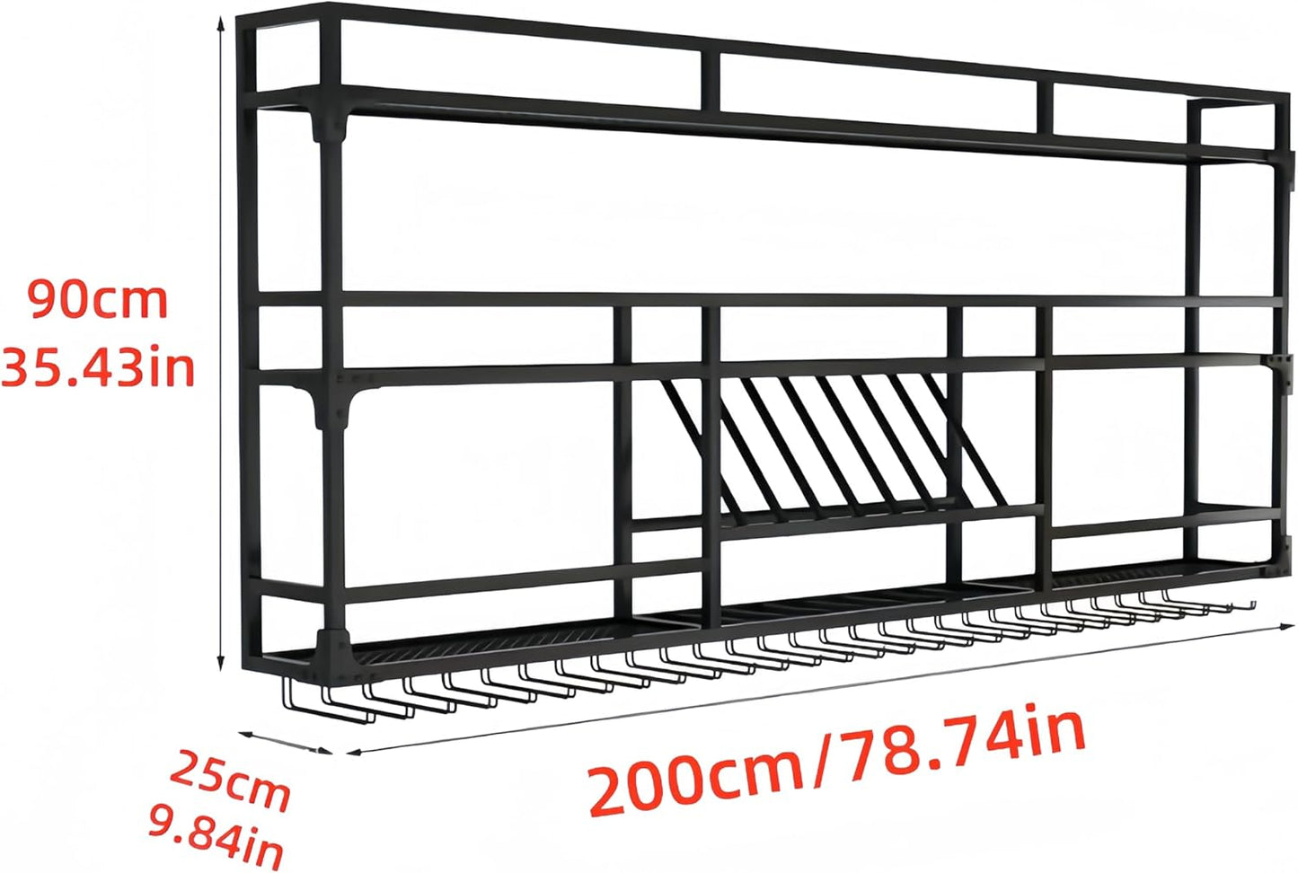 Metal Wall-Mounted Wine Rack with LED Light - 3 Tier Wine Storage Display Rack with Glass Holder - Space-Saving Bottle Display Shelf for Home Bars, Dining Rooms(Black, 79in/200cm)